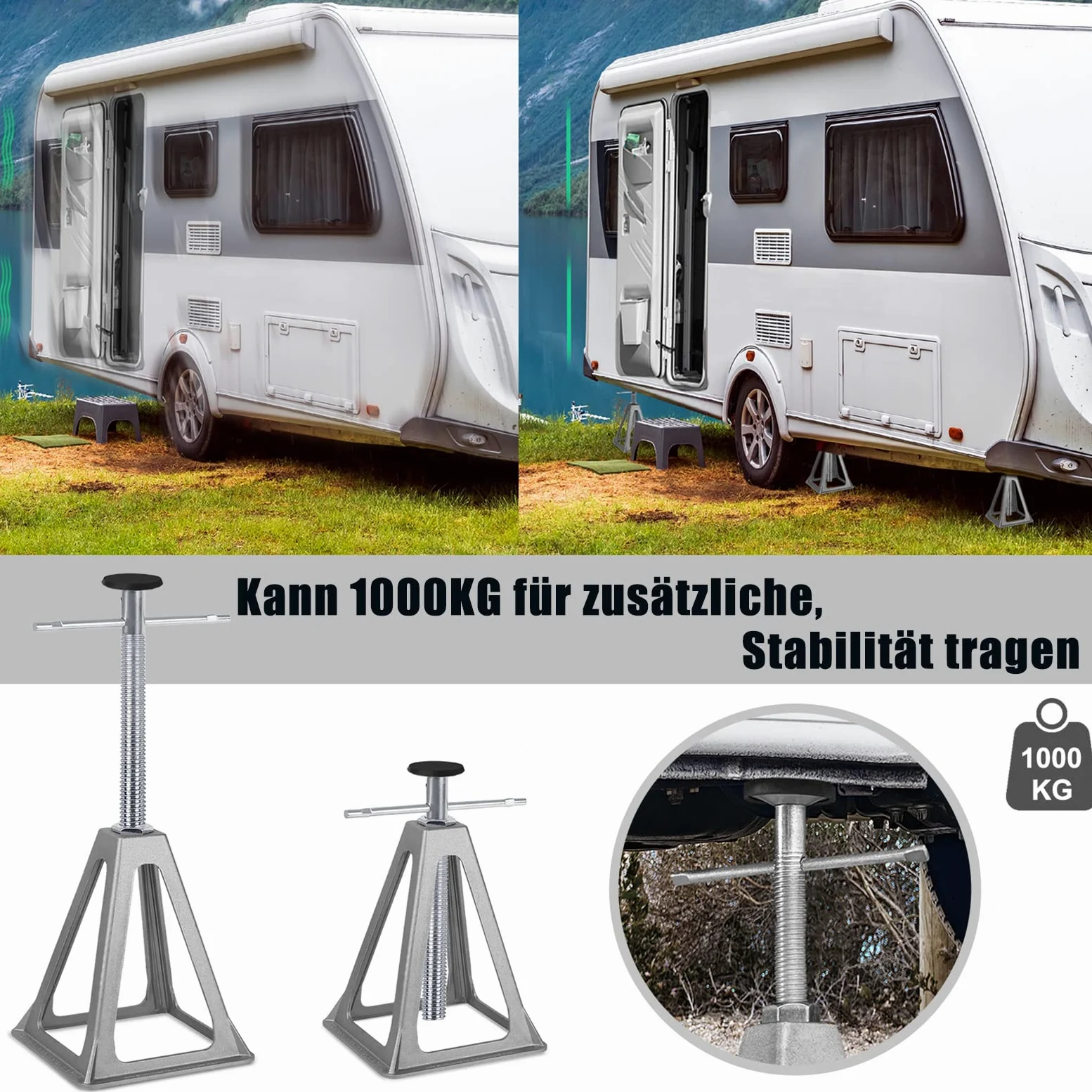 FIVMEN 4 caballete de aluminio para coche, 280 – 435 mm, altura ajustable, 1 T, para remolques, caravanas