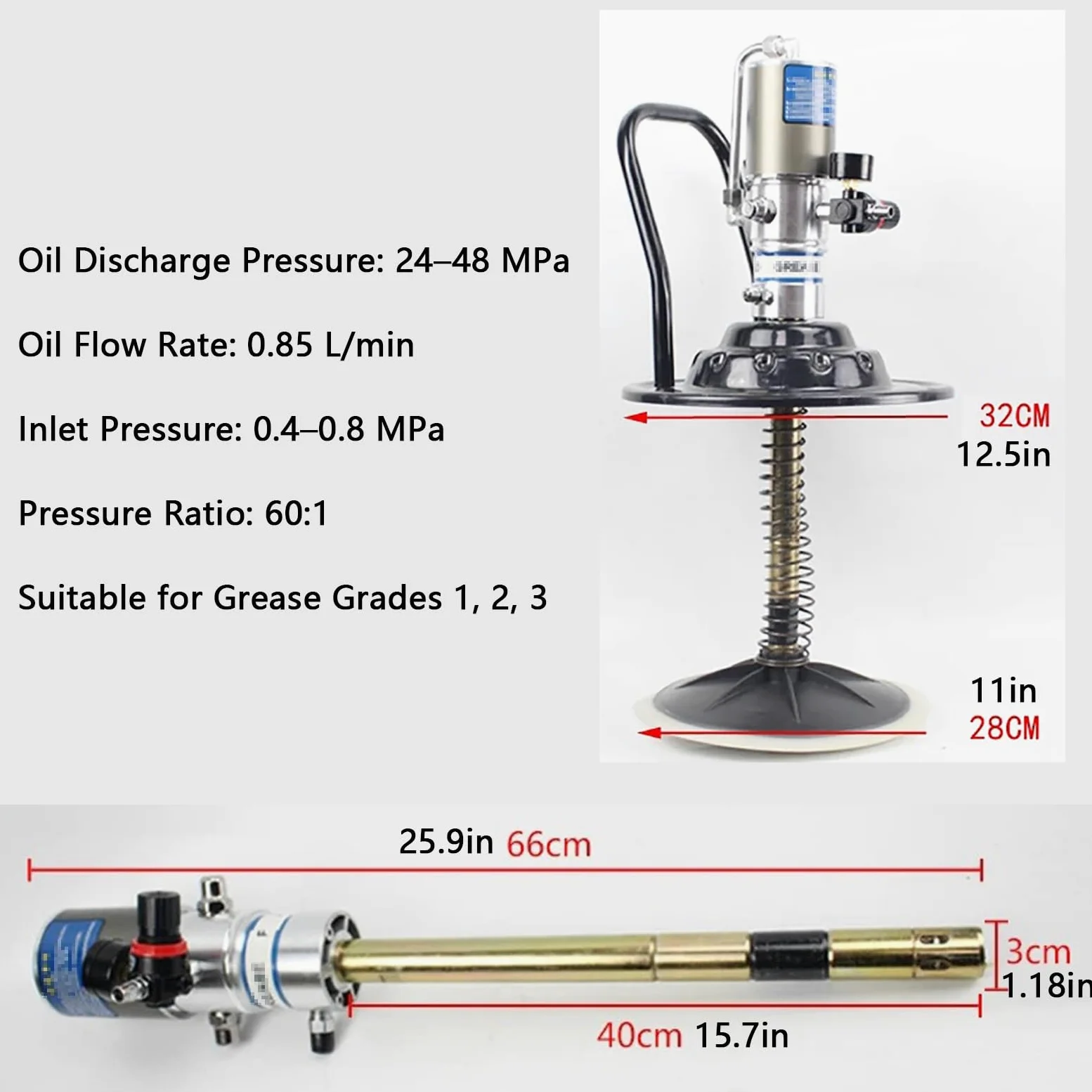 Bomba Neumática de Grasa 60:1, Lubricación de Alta Eficiencia | Presión Ajustable, Caudal de Aceite de 0,85 L/min, para Maquinaria y Equipos de Construcción