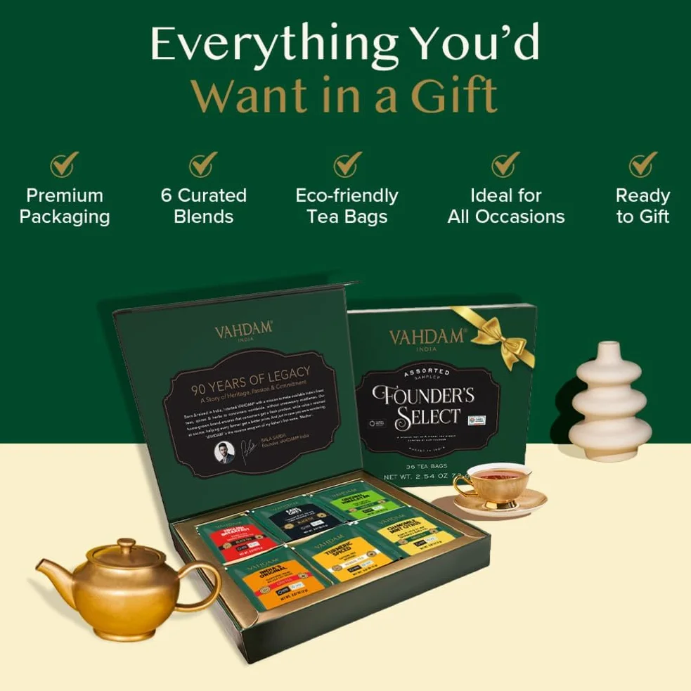 VAHDAM Founder's Selection Caja De Regalo De Té 6 Sabores 36 Bolsas Surtido De Té