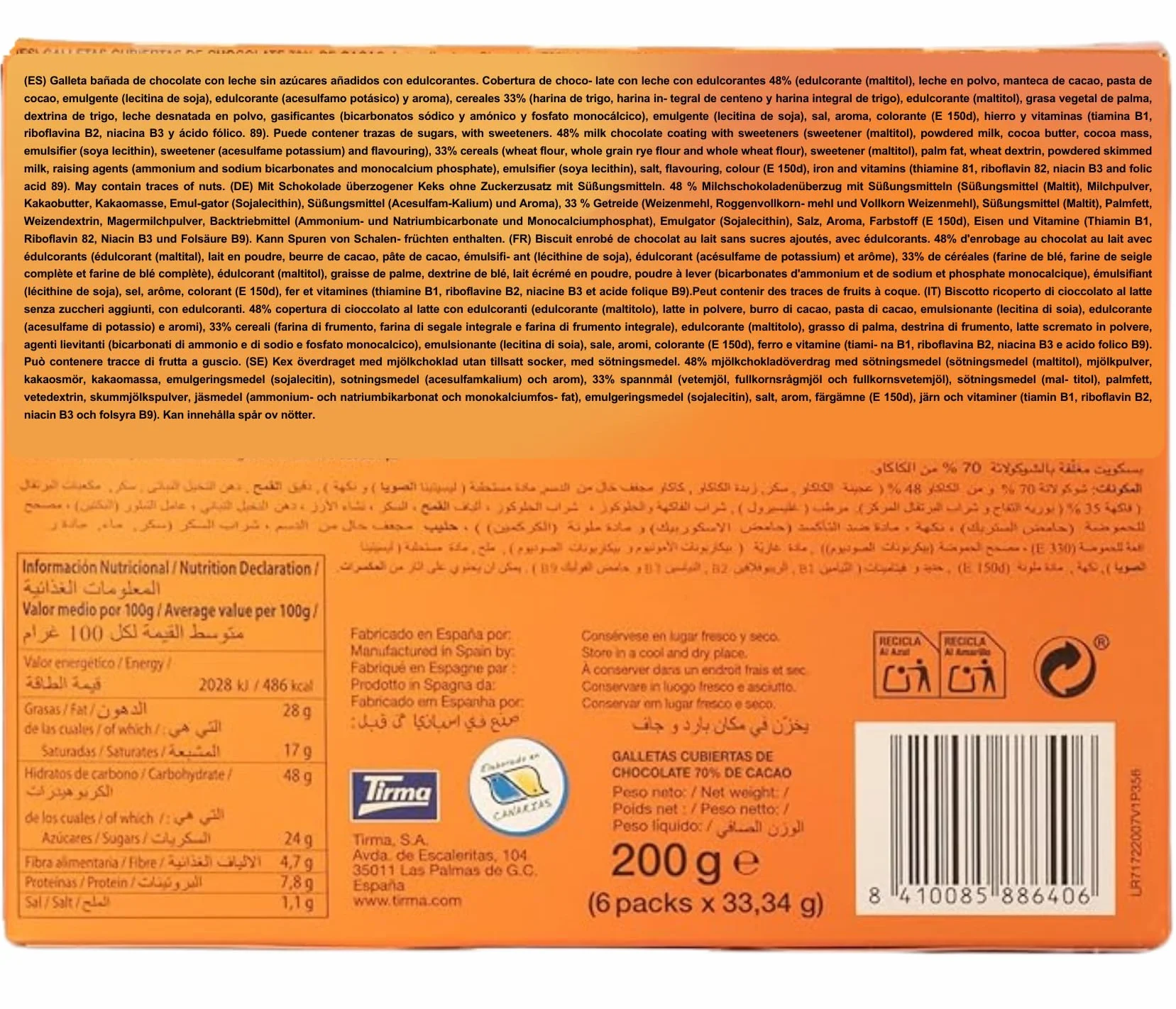 Tirma Galletas con Naranja Bañadas en Chocolate Negro 200g 70% Cacao