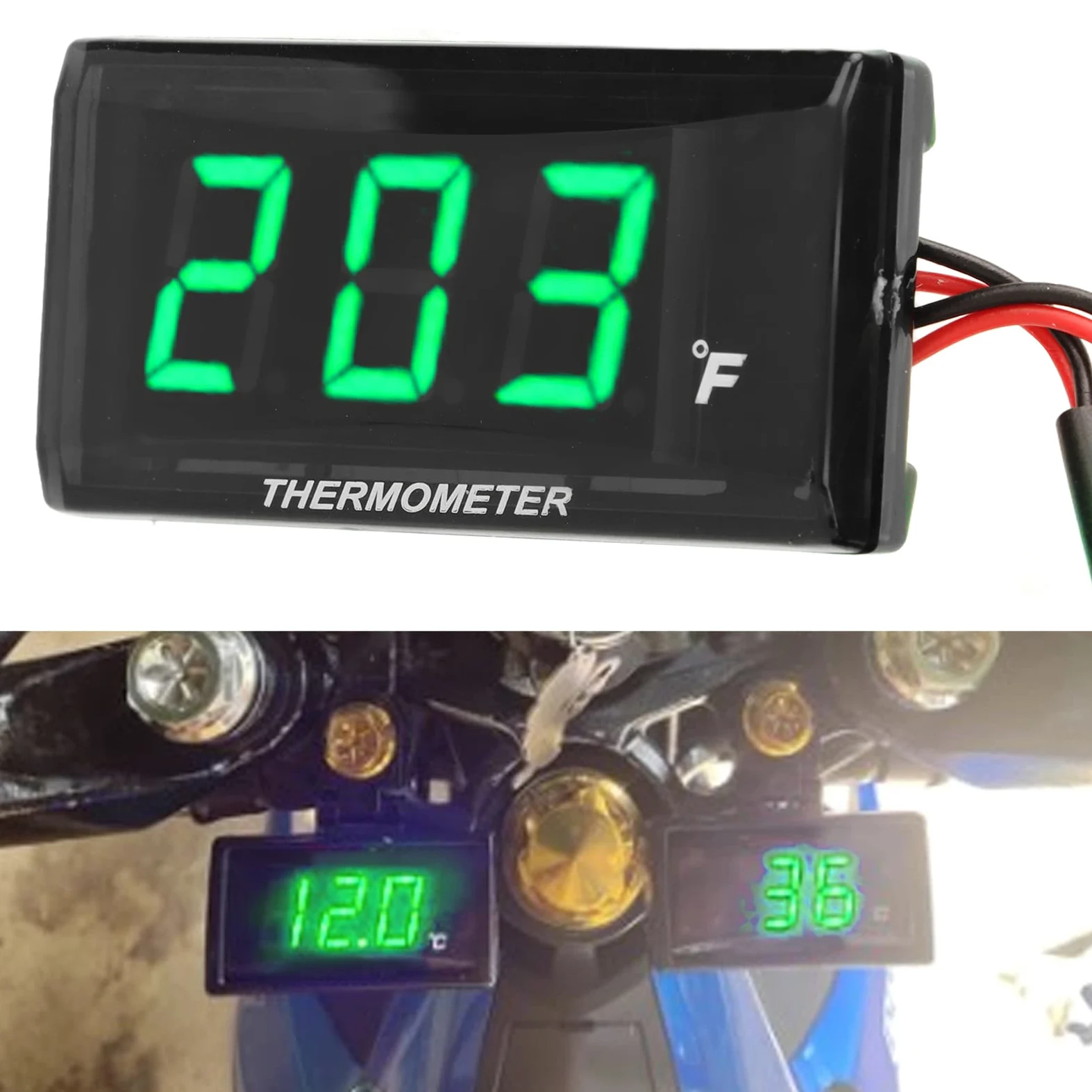 Termómetro digital para motocicleta, DC 12 V, medidor de temperatura del agua ultrafino con adaptador de sensor de 18 mm y pantalla LCD, higrómetro digital, medidor de temperatura de humedad (verde)