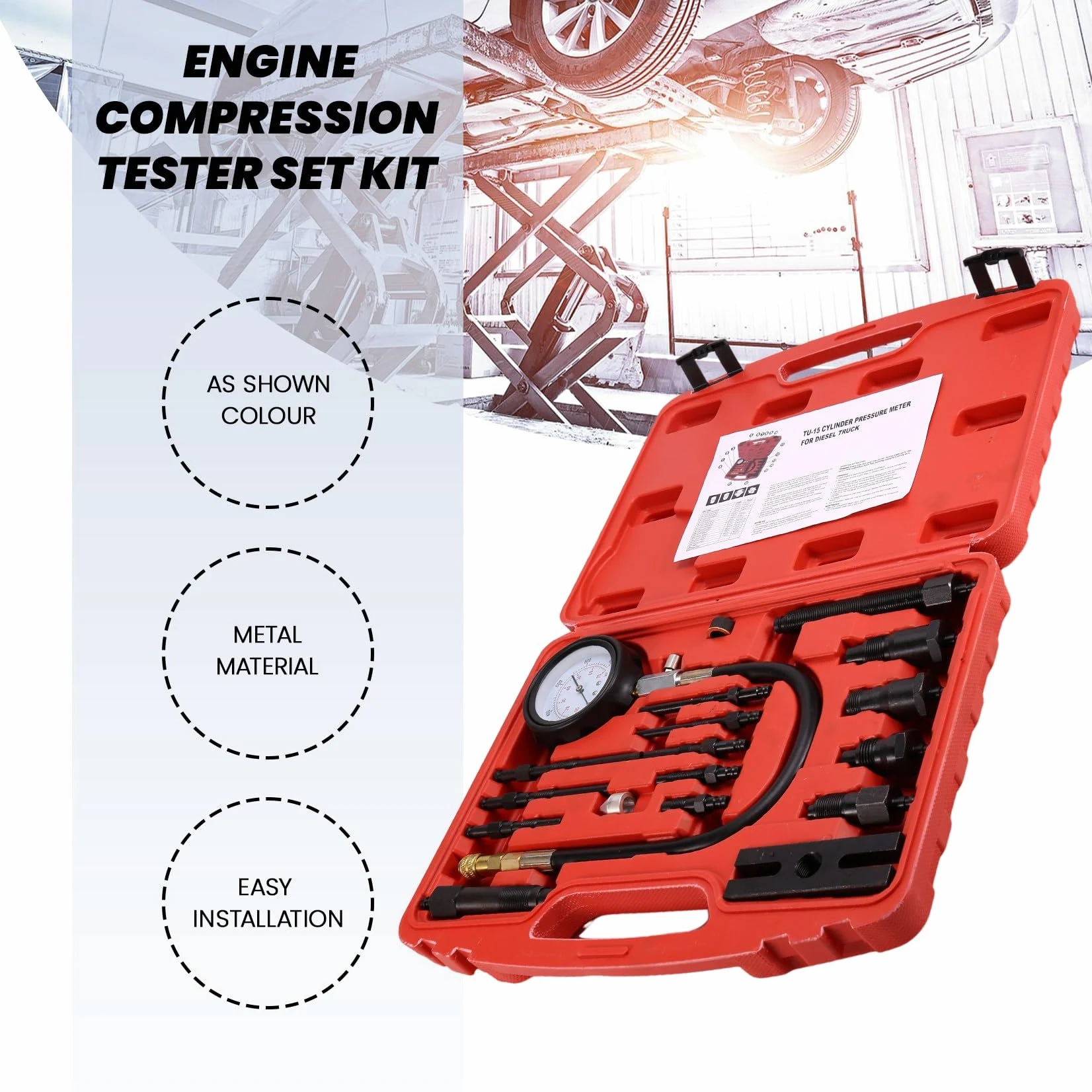 Kit de Comprobador de Compresión de Motor con Manómetro TU-15B, Medidor de Presión para Pruebas de Cilindros