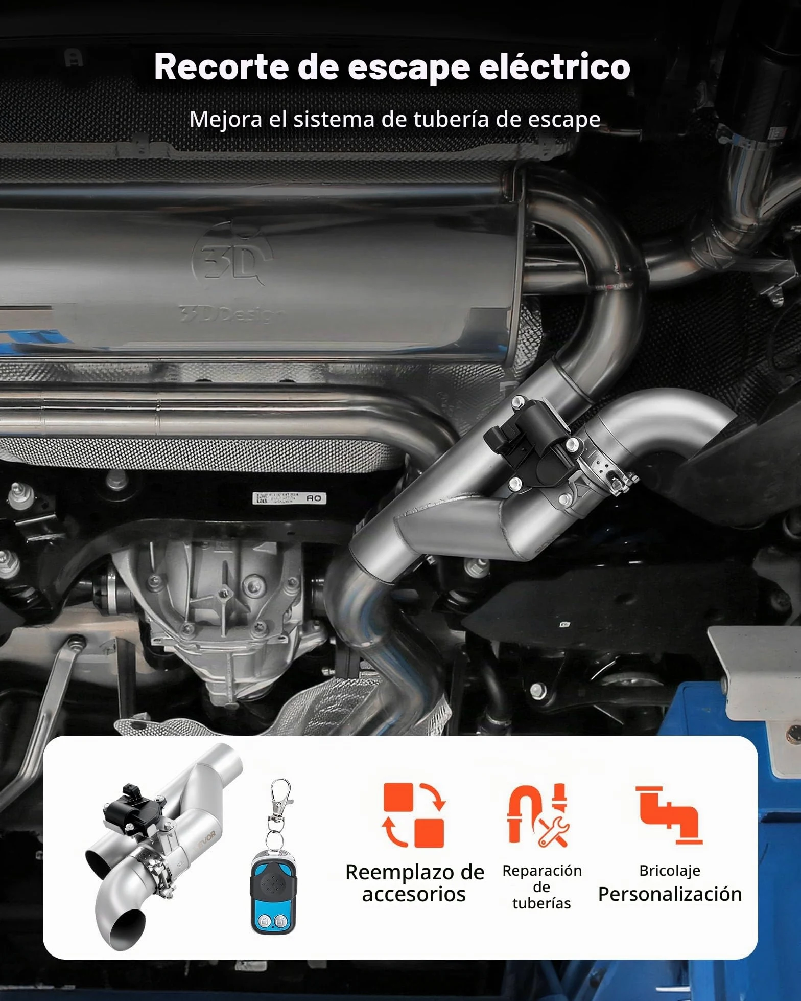 VEVOR Válvula de Escape Eléctrica Universal 6,35 cm, Acero Inoxidable, con Control Remoto, Tubo en Y, Caja de Control Remoto, para Camiones, Sedanes, Autos Deportivos y SUV, Color Metal Natural