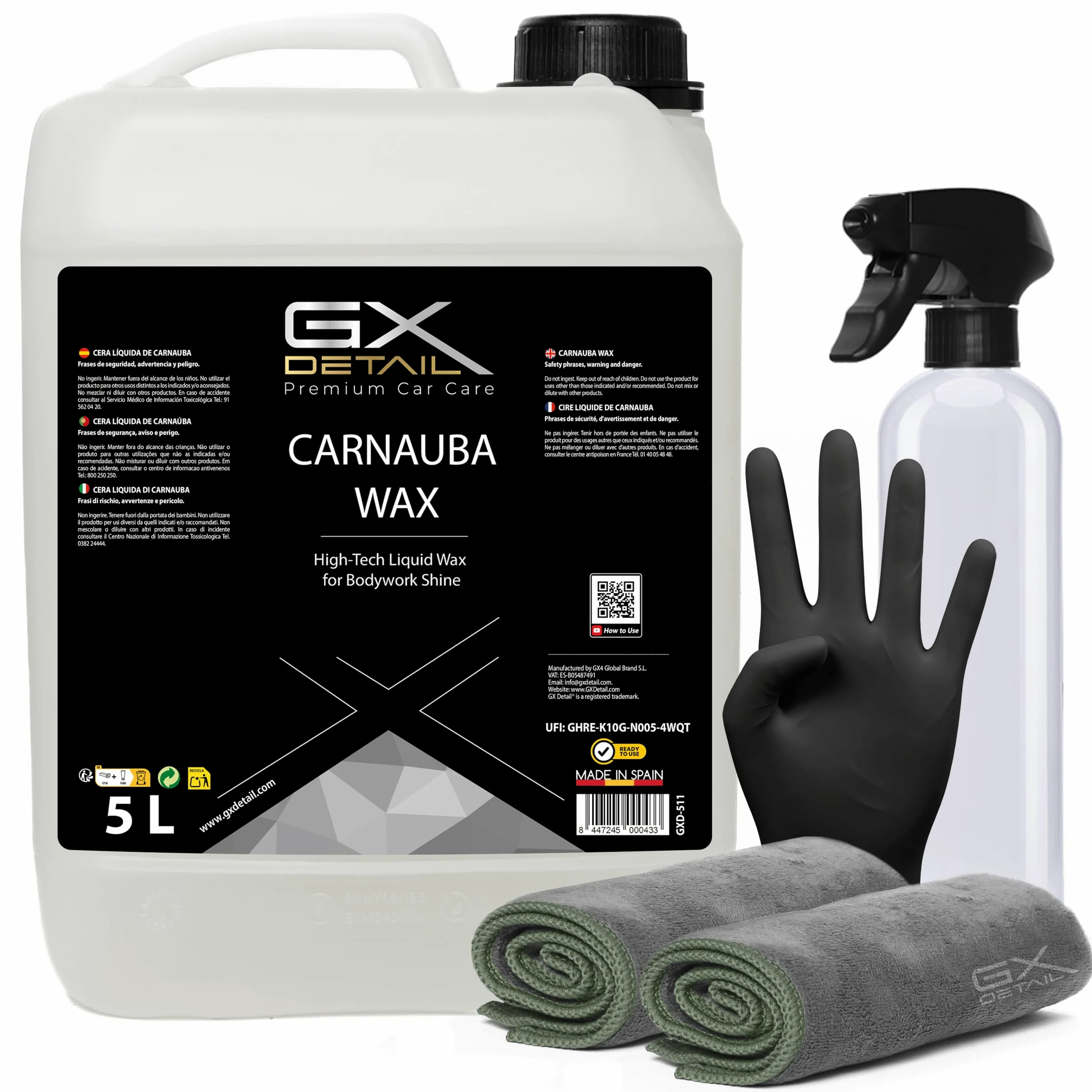 GxDetail Cera Líquida de Carnauba para Coche 5 Litros – Limpieza en Seco - Brillo Profundo y Protección Duradera – Acabado Hidrofóbico y Resistencia UV – Fácil Aplicación y Secado Rápido.
