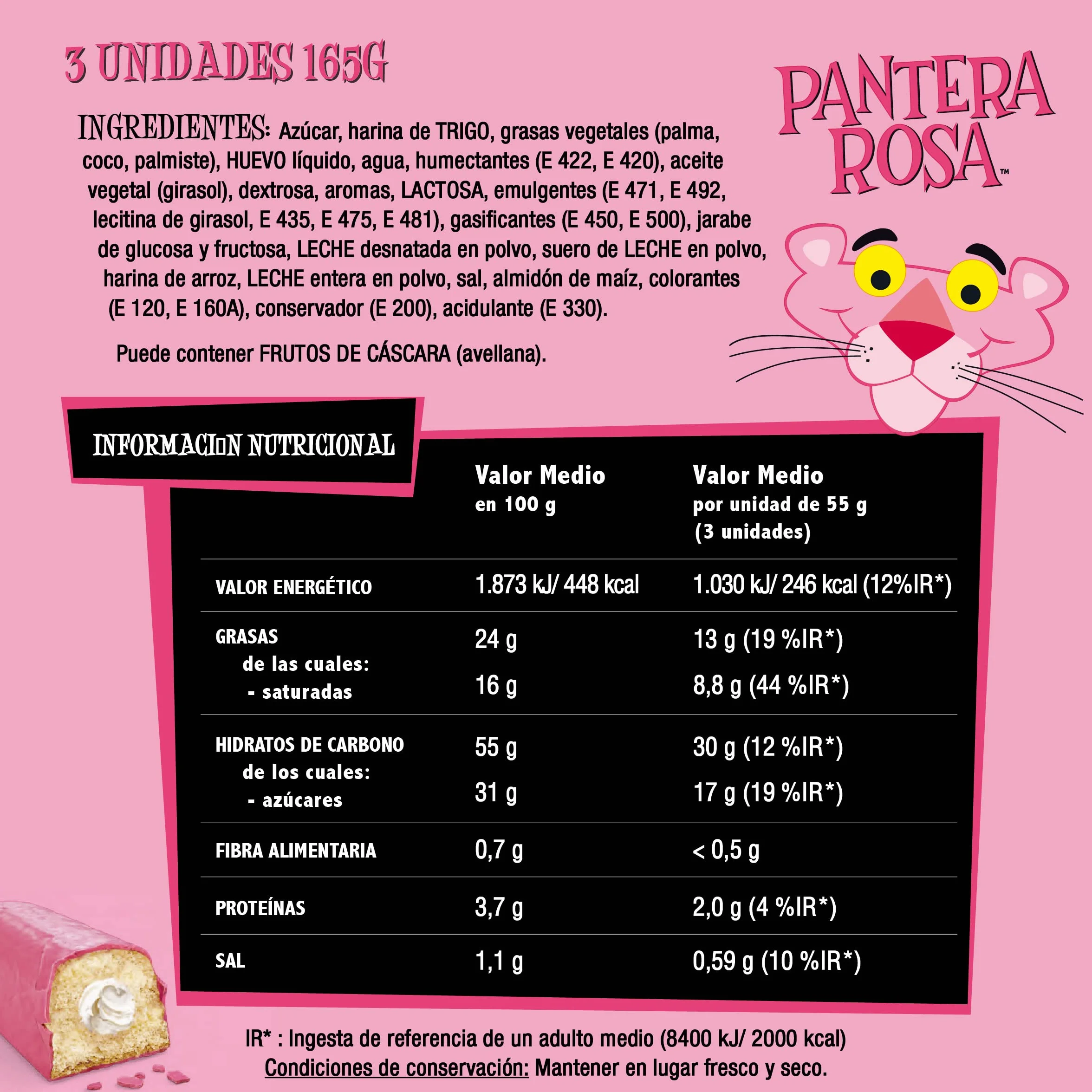 Bimbo Pantera Rosa Bizcocho Relleno de Crema con Cobertura Crujente Rosa, 3 unidades 165 g