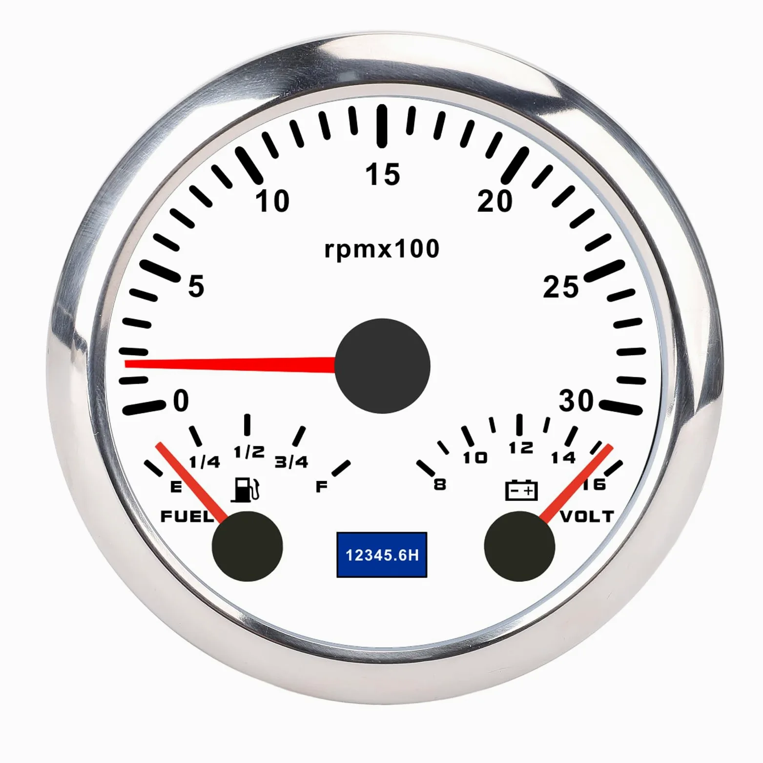 Velocímetro Medidor, 85 mm 3 en 1 Tacómetro Voltímetro Medidor de nivel de 3000 RPM 8-16 V con retroiluminación de 7 colores para RV Yate Camión (Esfera blanca y bisel plateado CX8292)