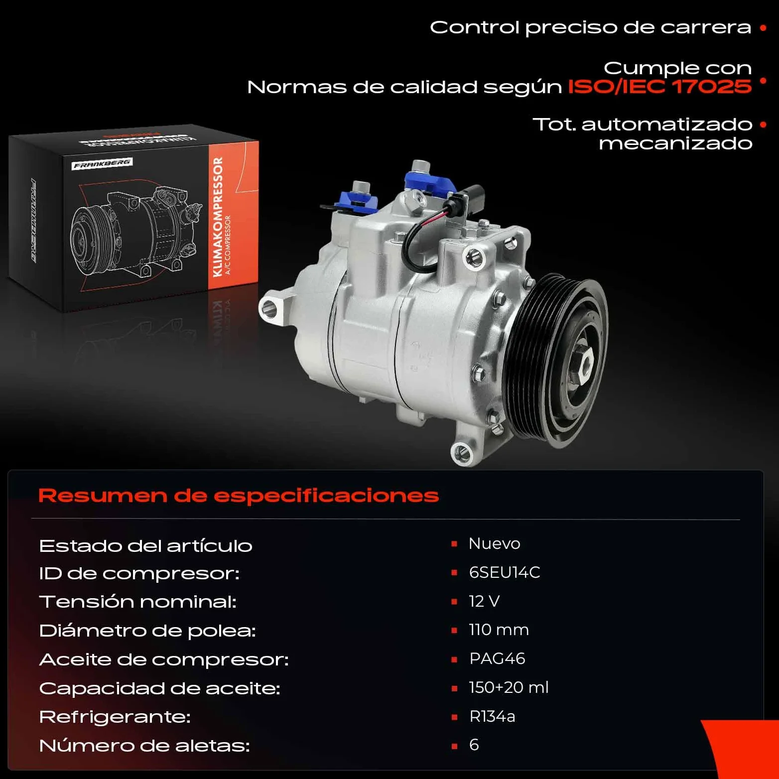 Frankberg Compresor de aire acondicionado con embrague, diésel 7L6820803J | Compatible con: C.a.y.e.n.n.e 9PA, T.o.u.a.r.e.g 7P5 7P6, Q7 4LB, T.o.u.a.r.e.g 7L6 7L7 7LA