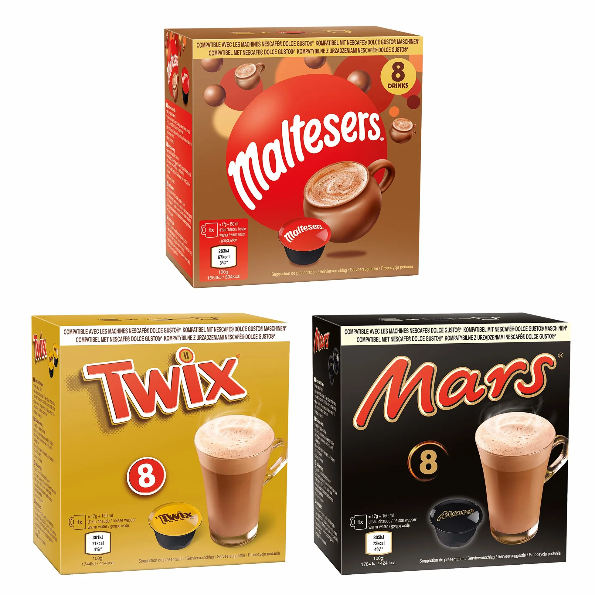 Cafféluxe 24 Dolce Gusto Compatibles Cacao Cápsulas Hot Chocolate Pod Mars Twix Maltesers