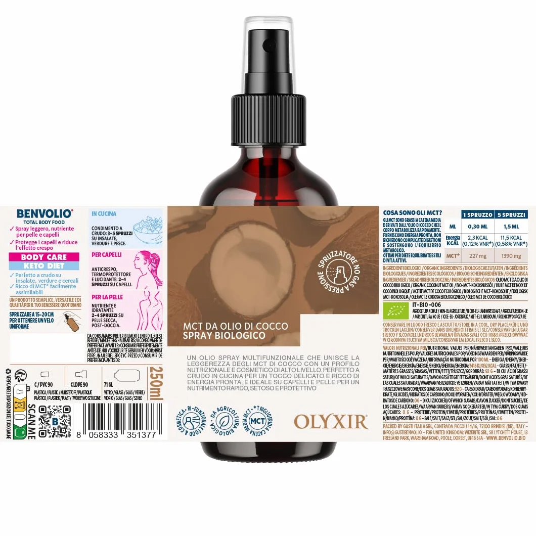 Benvolio Spray MCT Aceite de Coco Bio 250ml – Keto & Paleo – Antifrizz, Energía Rápida