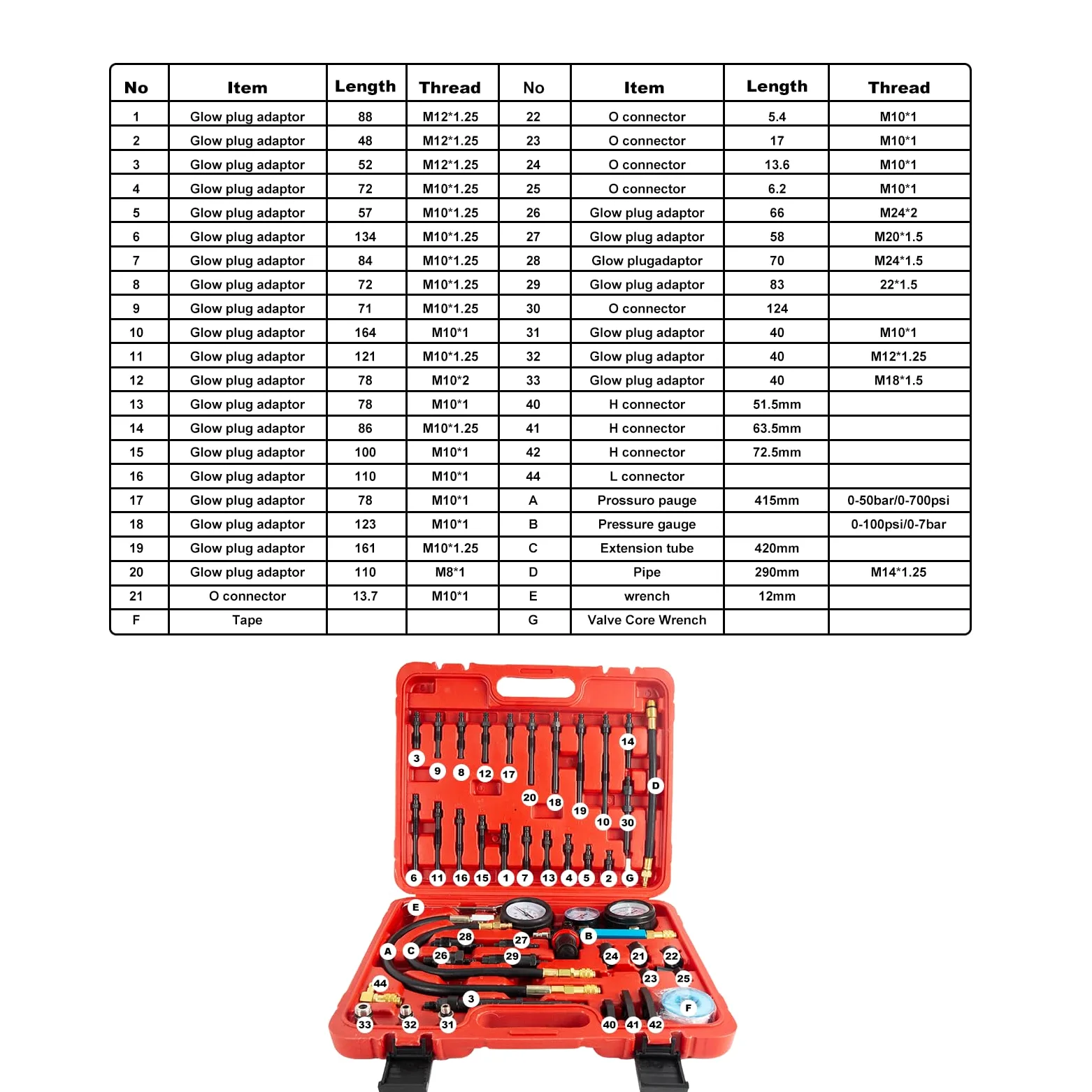 46 piezas profesional Compresión Comprobador de Compresión Compresión Comprobador de Compresión Motor Gasolina Diesel Comprobador de Compresión Cilindro con Dual Gauge Engine para coches, coches