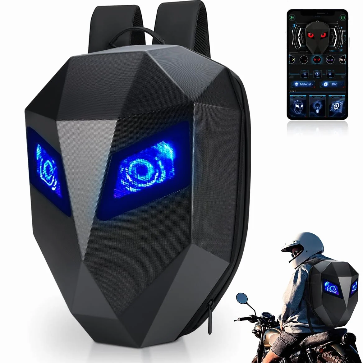 MOXOERL Mochila Ojos Led Moto, Mochila de Motocicleta LED para Hombre, Impermeable para Casco de Moto 3D, Texto/Imagen/GIF Animado, Negro