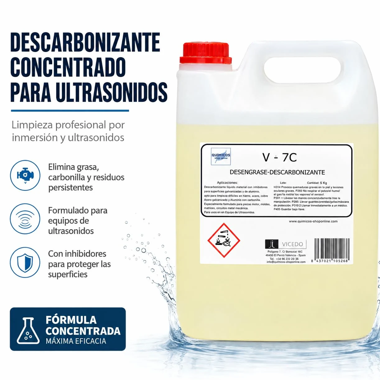 Limpiador Descarbonizante para Ultrasonidos V-7C 25 kg, Concentrado Multimetal para Motores, Culatas, Turbos y Piezas de Automoción