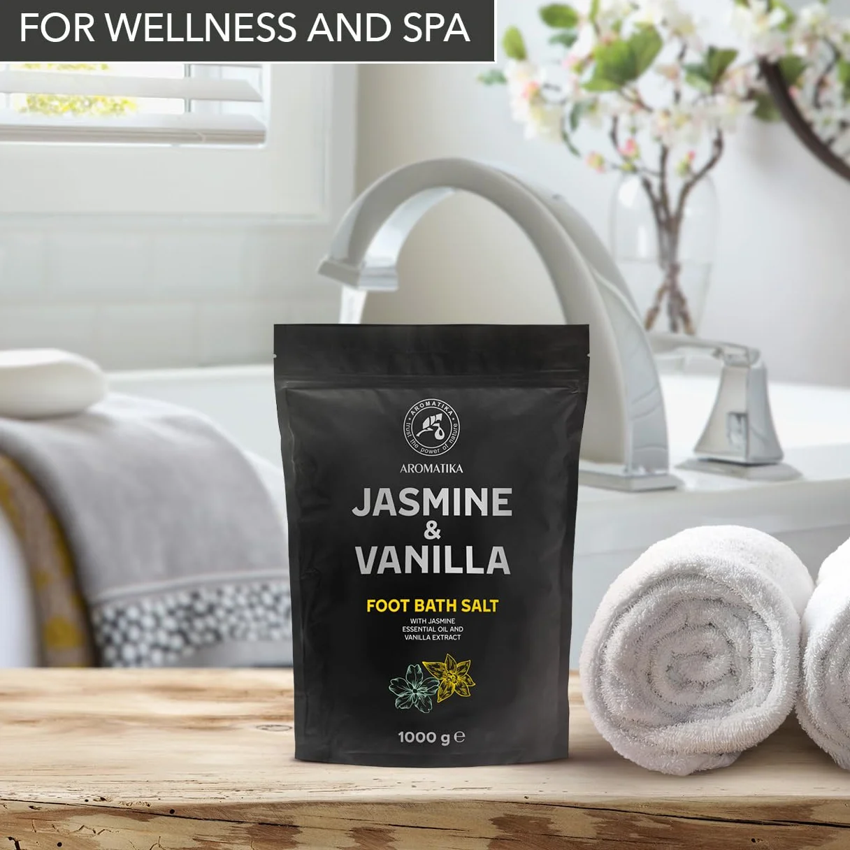 Sal de Baño para Pies Jazmín Vainilla 1000g Sal Marina Natural con Aceite Esencial de Jazmín y Extracto de Vainilla Cuidado de Pies