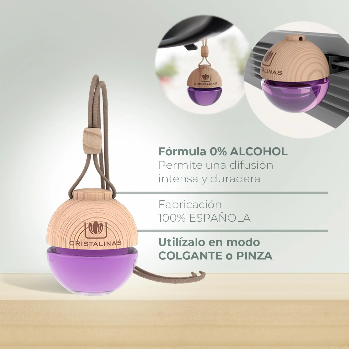 CRISTALINAS | Pack 2 Ambientadores Esfera para Coche| Aroma a Frutos del Bosque | Absorbe los Malos Olores de tu Vehículo con un agradable Aroma | Larga Duración 8 Semanas | 6 ml | 0% Alcohol