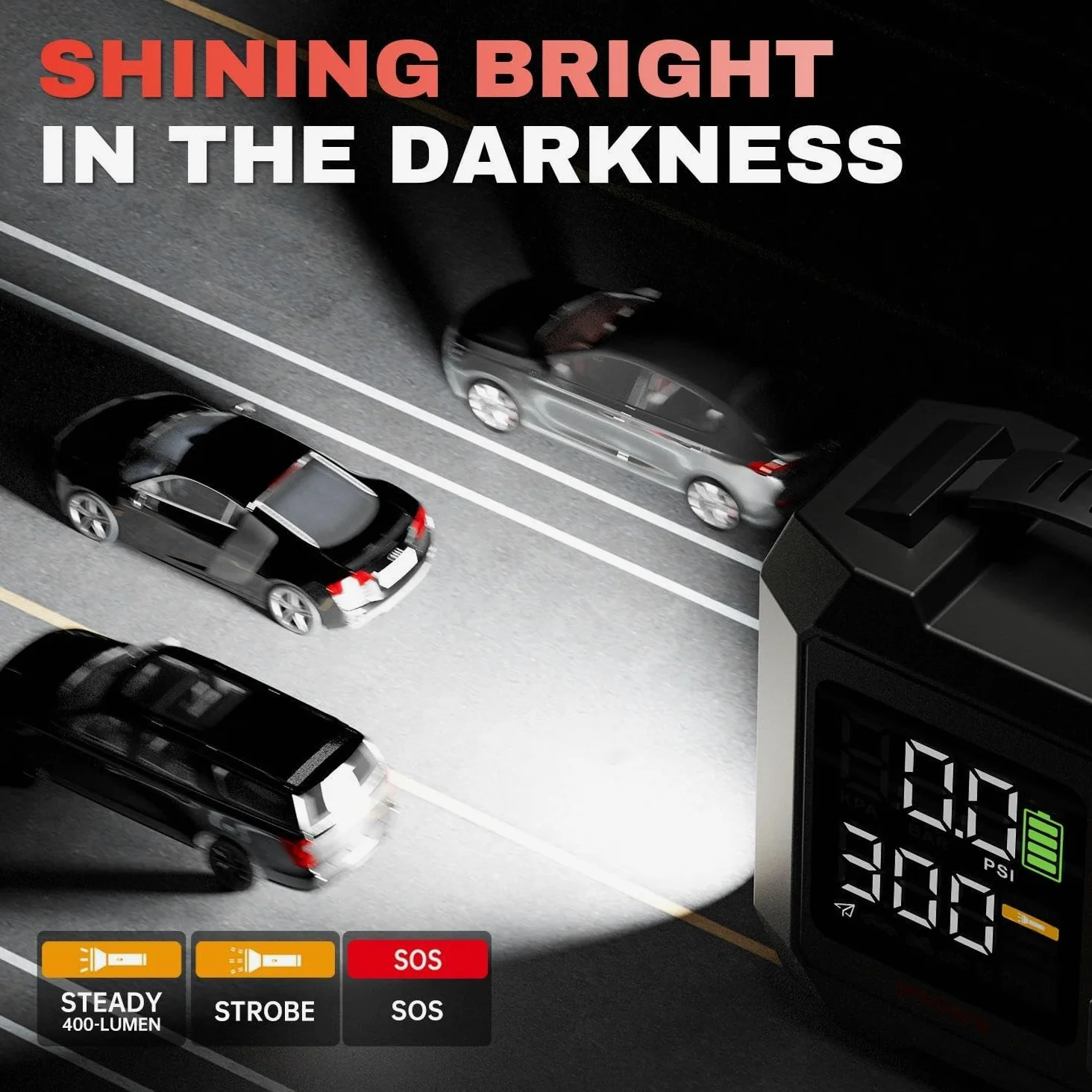 Inflador de neumáticos de coche, 300 PSI compresor de aire portátil, con pantalla digital y luz LED, adaptadores de boquilla, cable USB, para neumáticos de coche, bicicletas, botes de ramas
