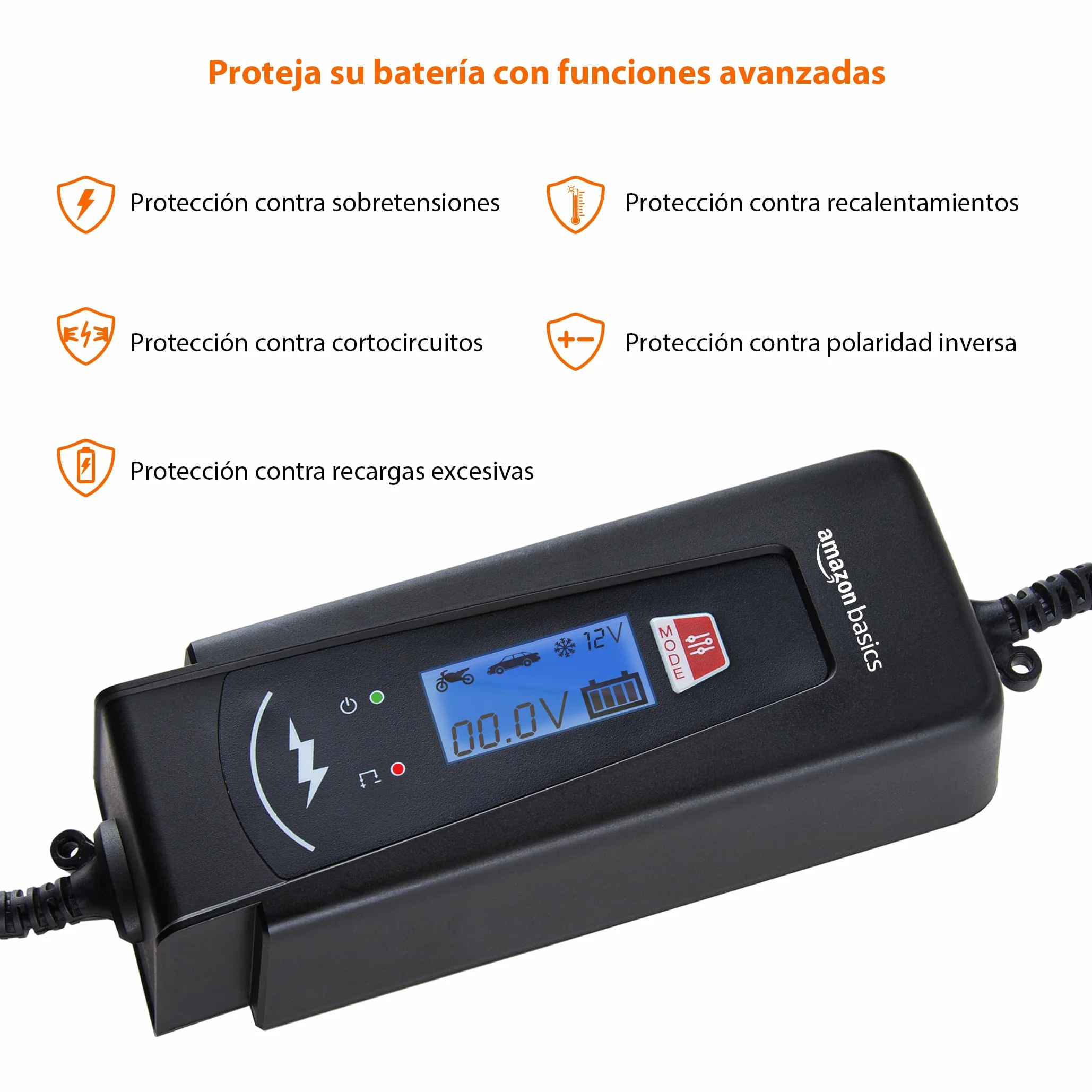 Amazon Basics Cargador de batería inteligente automático con función de probador de batería, enchufe UE, salida : 2A/4A, 6V/12V CC, Negro