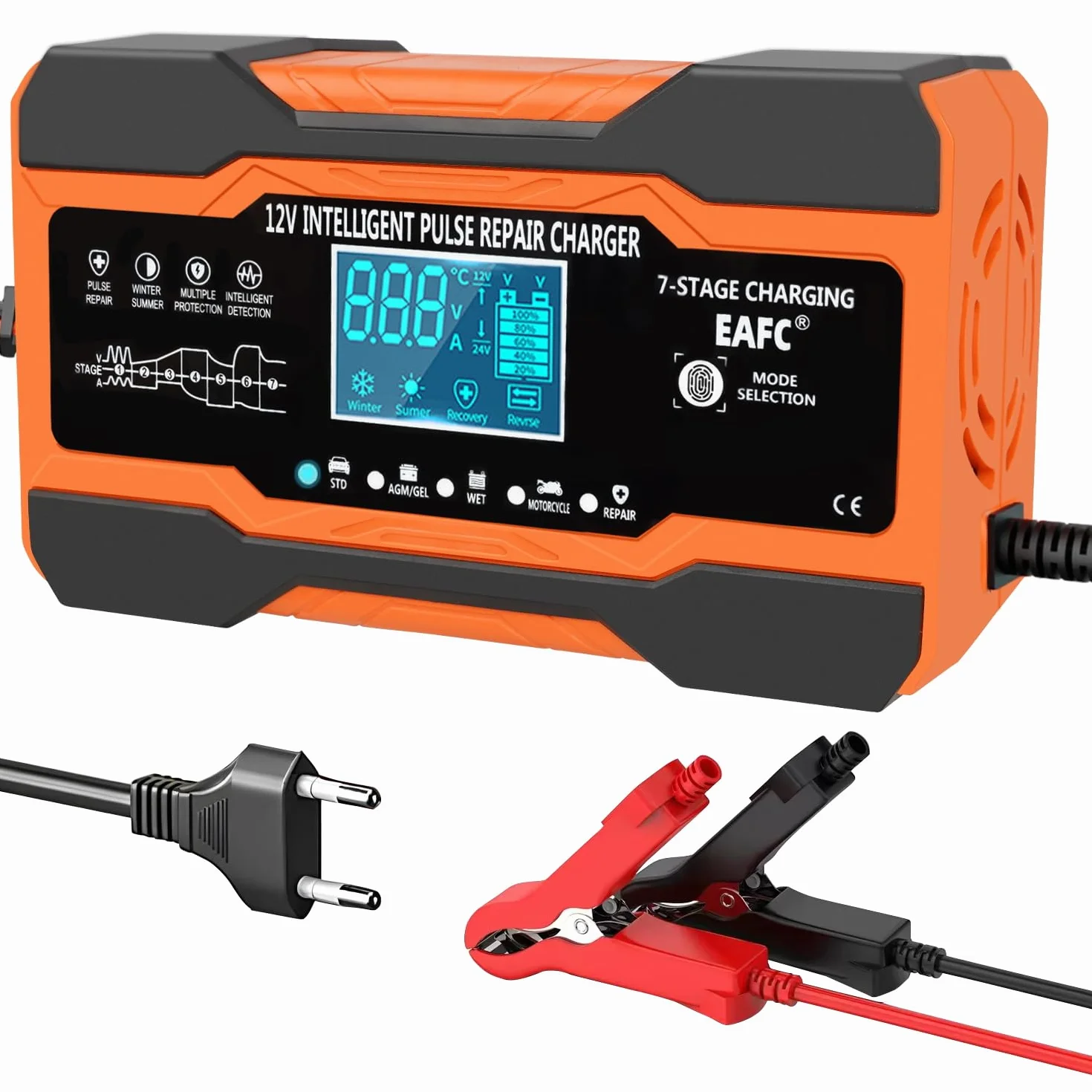 12A Cargador Baterias Coche Inteligente 12V, Mantenedor Bateria Moto para Baterías de Plomo-ácido, STD, AGM, Gel, SLA, Cable de 2m, Control Táctil, Compensación de Temperatura