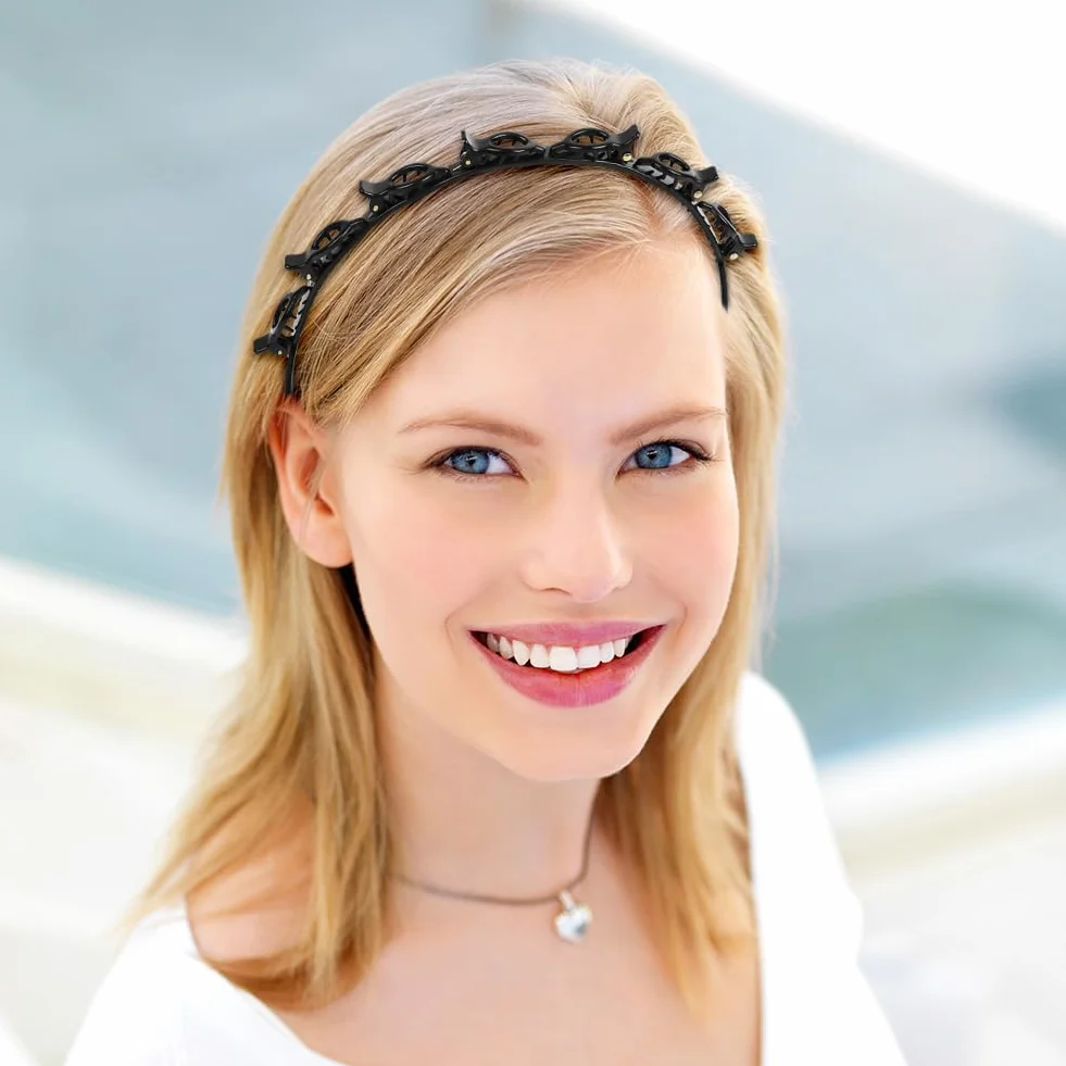 Diadema con Pinzas 2 Piezas para Mujer, Clips de Plástico, Banda para el Cabello con Horquillas, Doble Trenza, Doble Flequillo (Negro+Rojo)