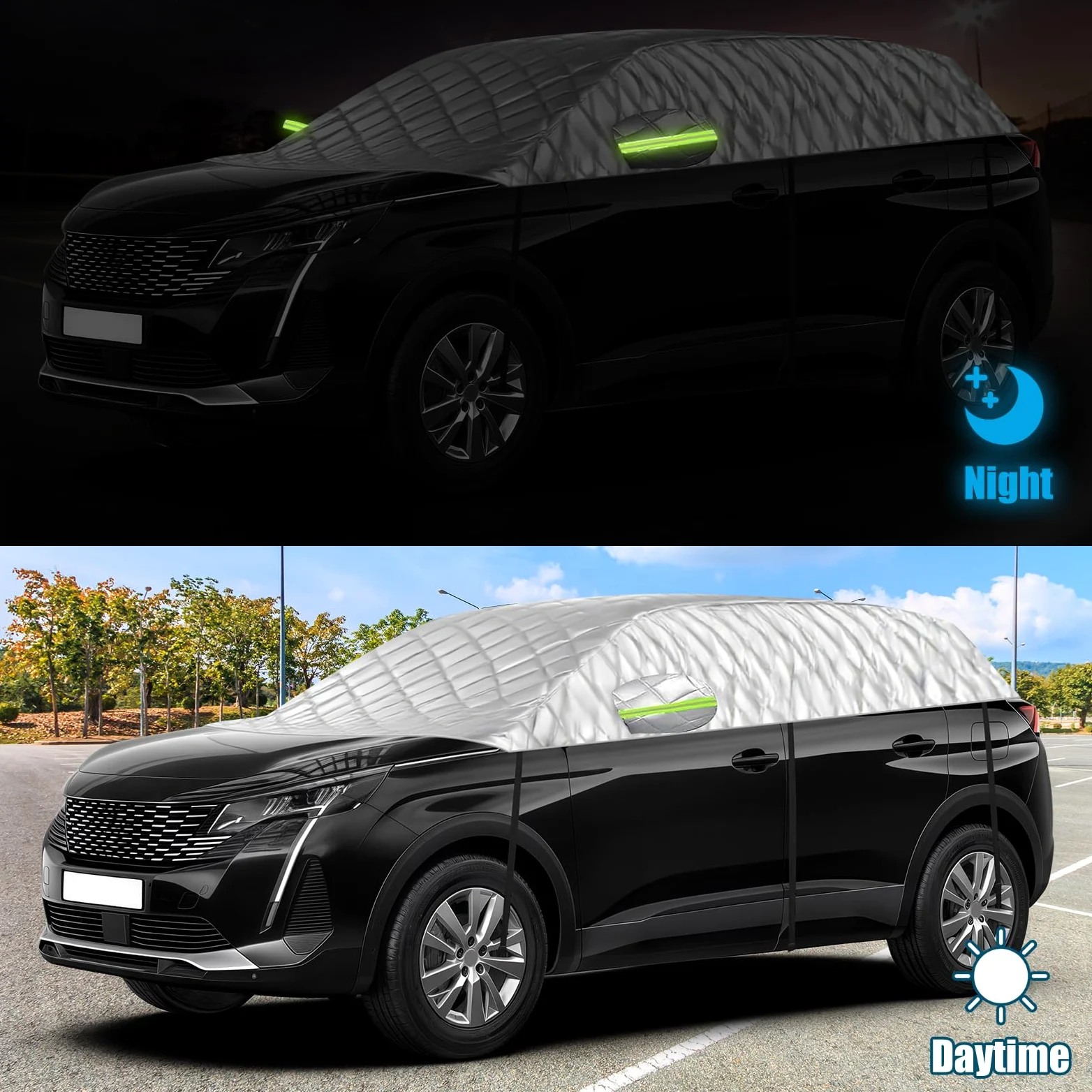 Funda de Coche Exterior Compatible con Peugeot 5008 T87 P87 2009-2025, 6 Capas Media Funda Coche con Ganchos, Tira Reflectante y Tapones para Orejas para Protección contra Hielo y Nieve
