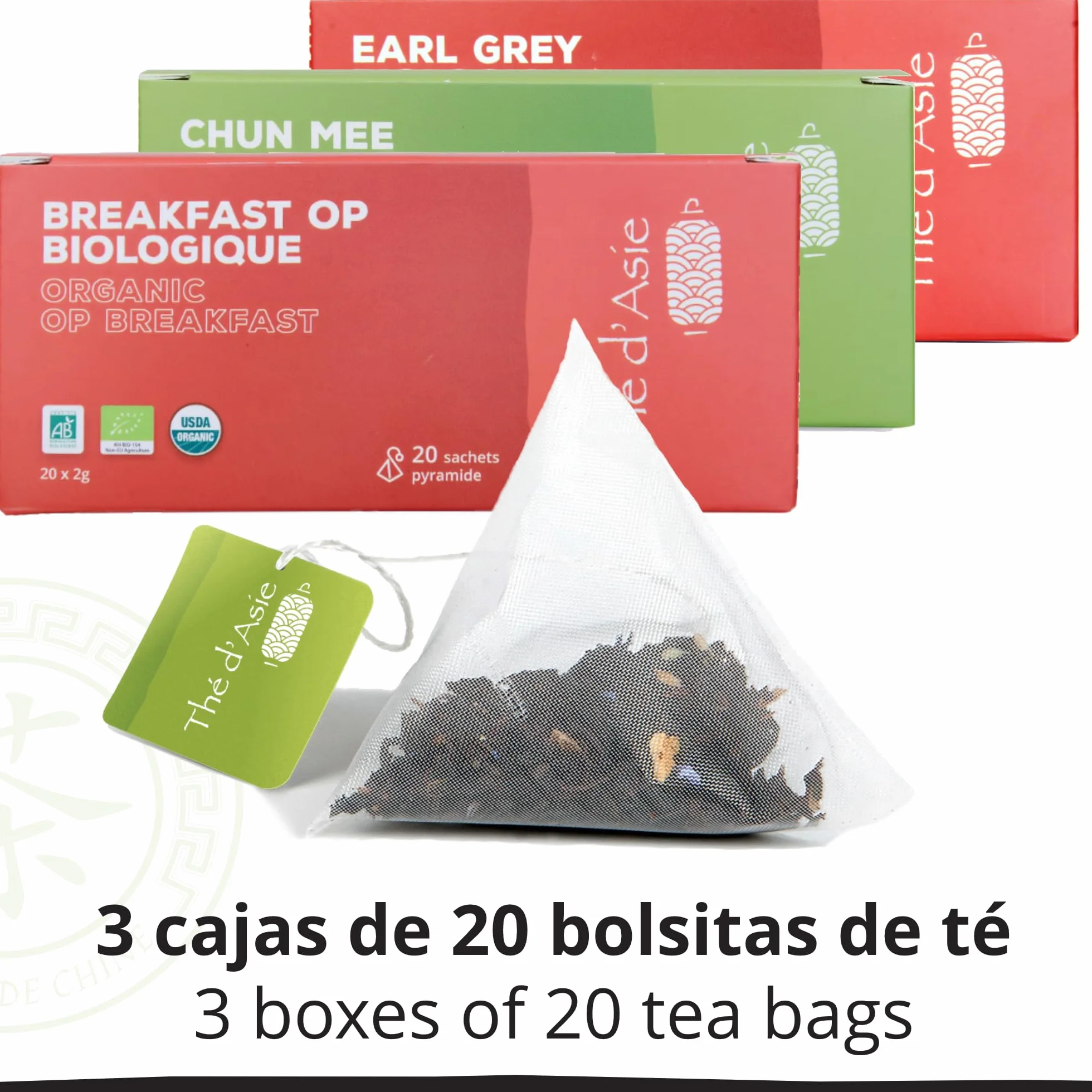 Set de 3 Tés Desayuno - Earl Grey, Chun Mee & Breakfast OP - 3 x 20 Bolsitas de Té Orgánicos - Caja de Regalo