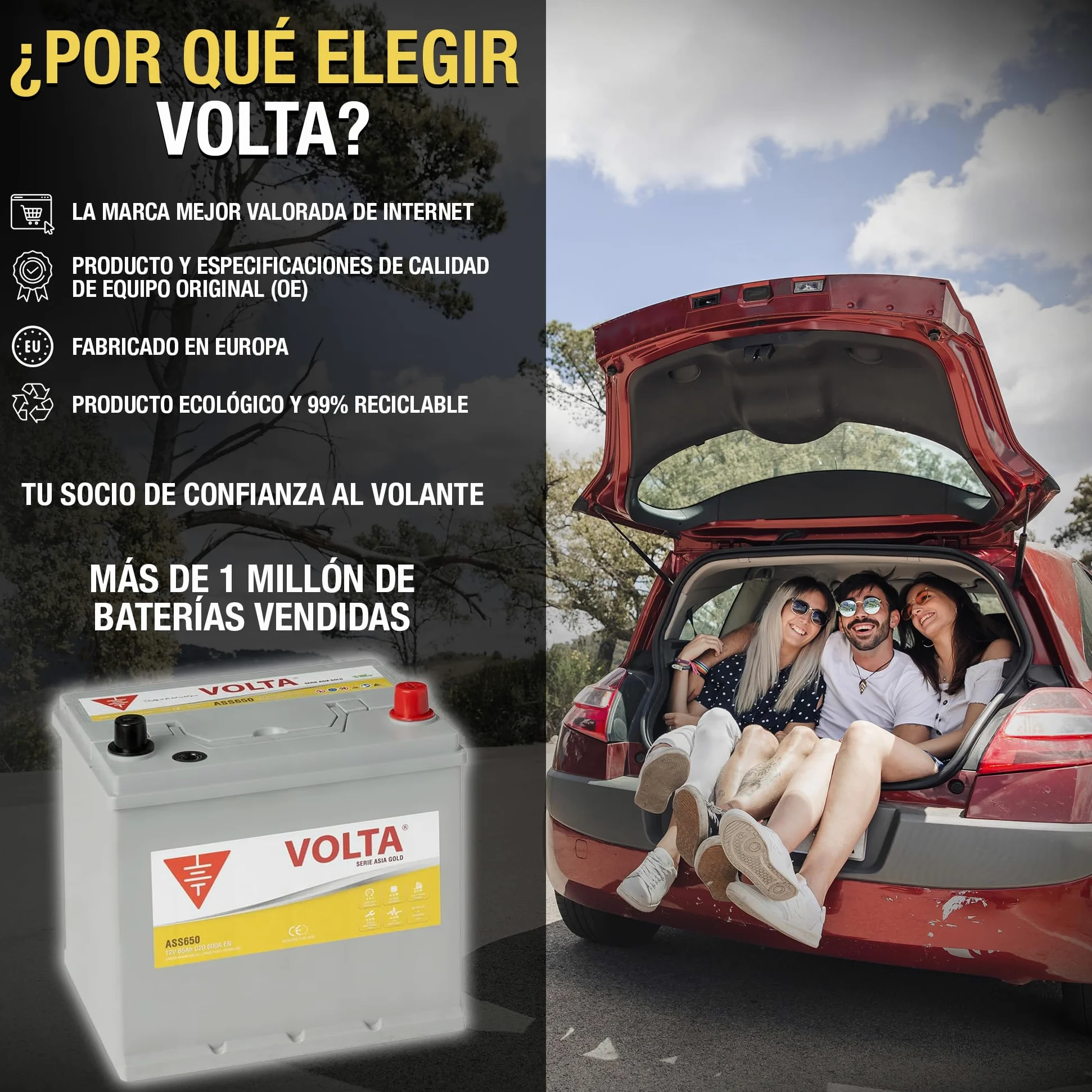 Batería de Coche Start-Stop EFB 65Ah 600 AEN - Volta Gold Asia ASS650D - Sistema Start-Stop - Borne +Derecha - Medidas Largo 230 x Ancho 173 x Alto 225 mm con 2 Años Garantía - Fabricación Europea