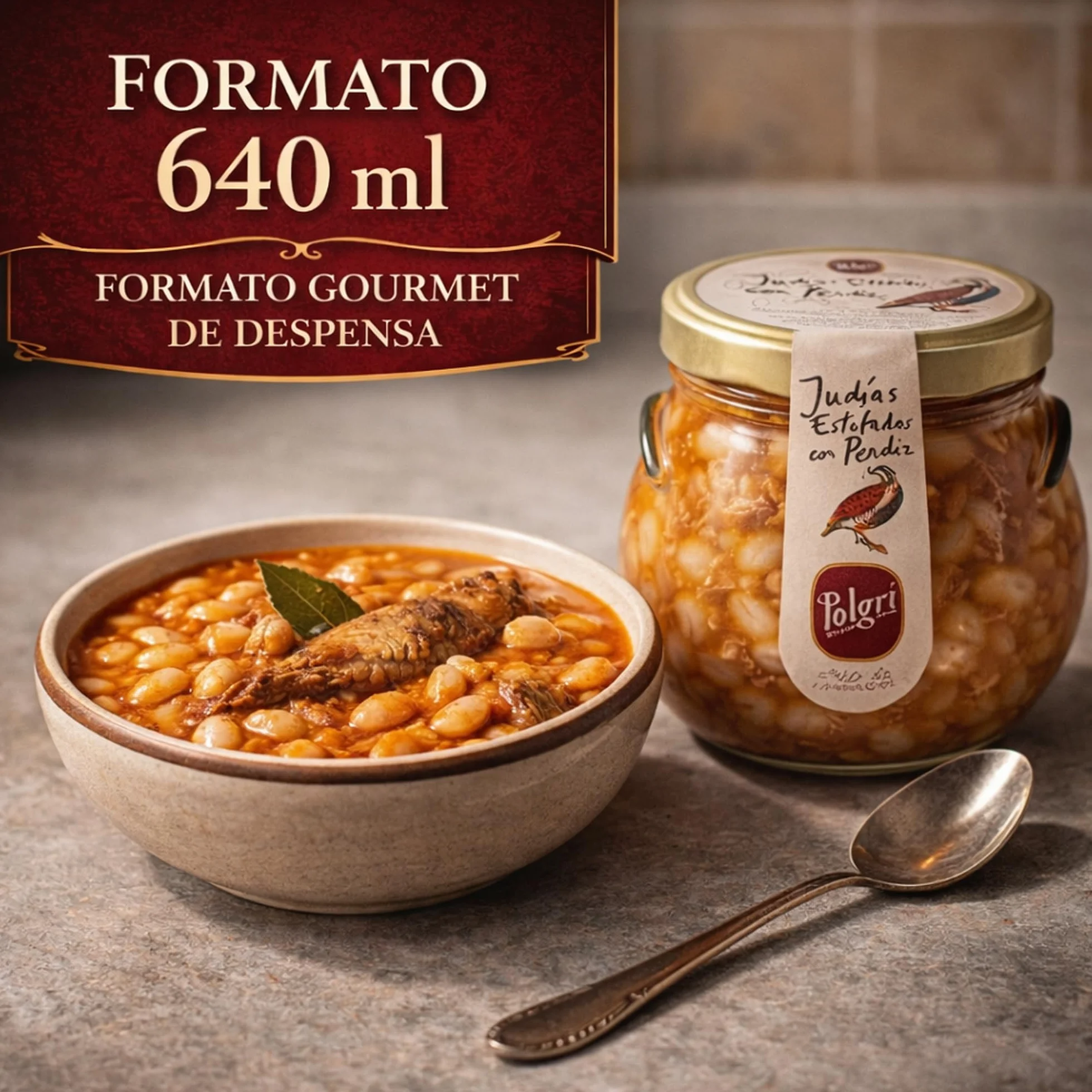 POLGRI Judias Estofadas con Perdiz Gourmet AOVE 640 ml Tarro de Cristal Comida Preparada