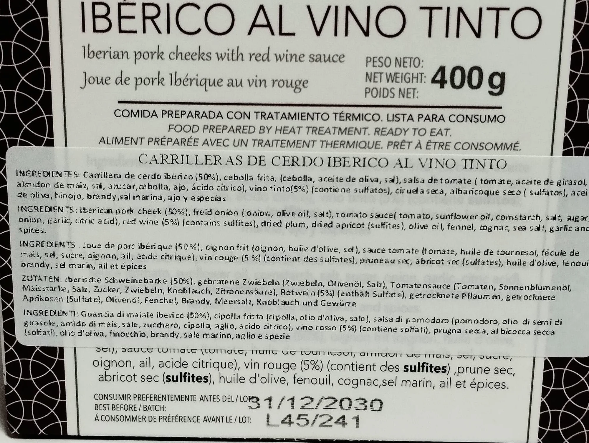 Carrillera de Cerdo Ibérico al Vino Tinto Laurel 400 g