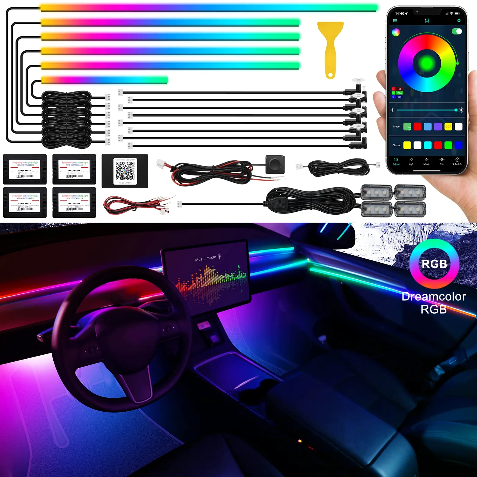 Dreamcolor - Tira de luz LED acrílica para interior de coche con aplicación inalámbrica, RGB 18 en 1 con 593 LED de 175 pulgadas, kits de iluminación ambiental de fibra óptica, 16 millones de colores