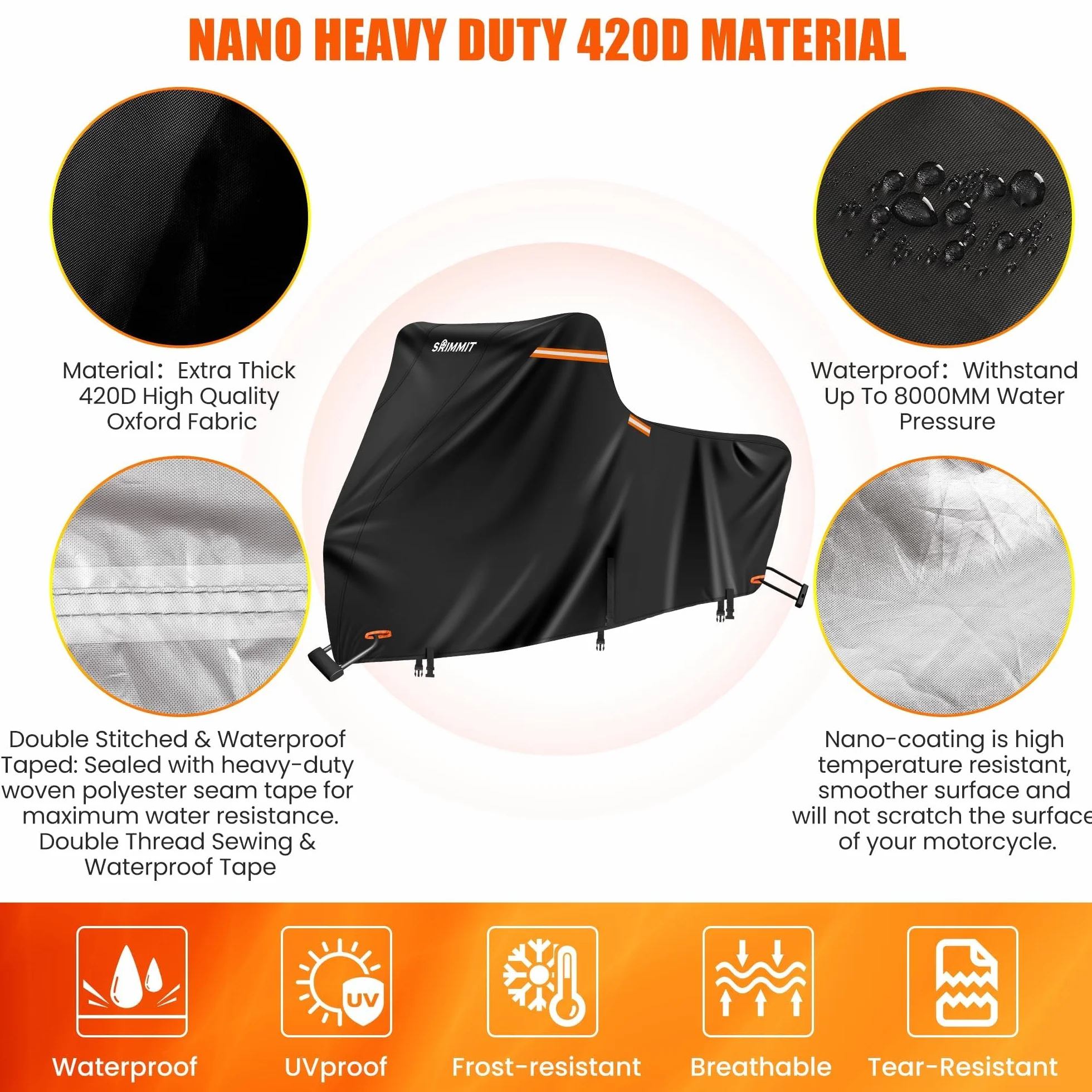 Funda para Motocicleta 420D Resistente para Modelos Touring, Impermeable, para Exteriores, Lluvia, Rayos UV, Polvo (2XL)