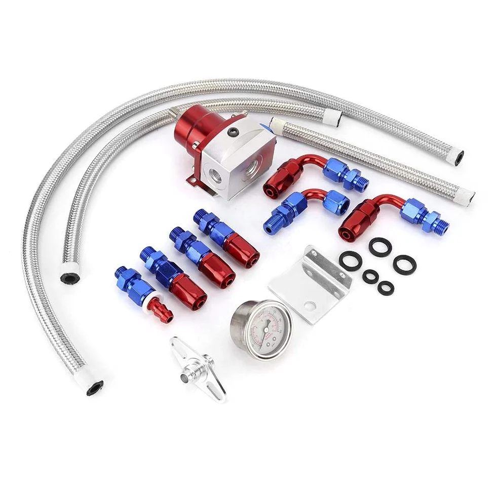 Regulador de combustible Qiilu, kit regulador de presión de combustible de coche ajustable universal de acero inoxidable 304 con manómetro 100PSI(Rojo + plata)