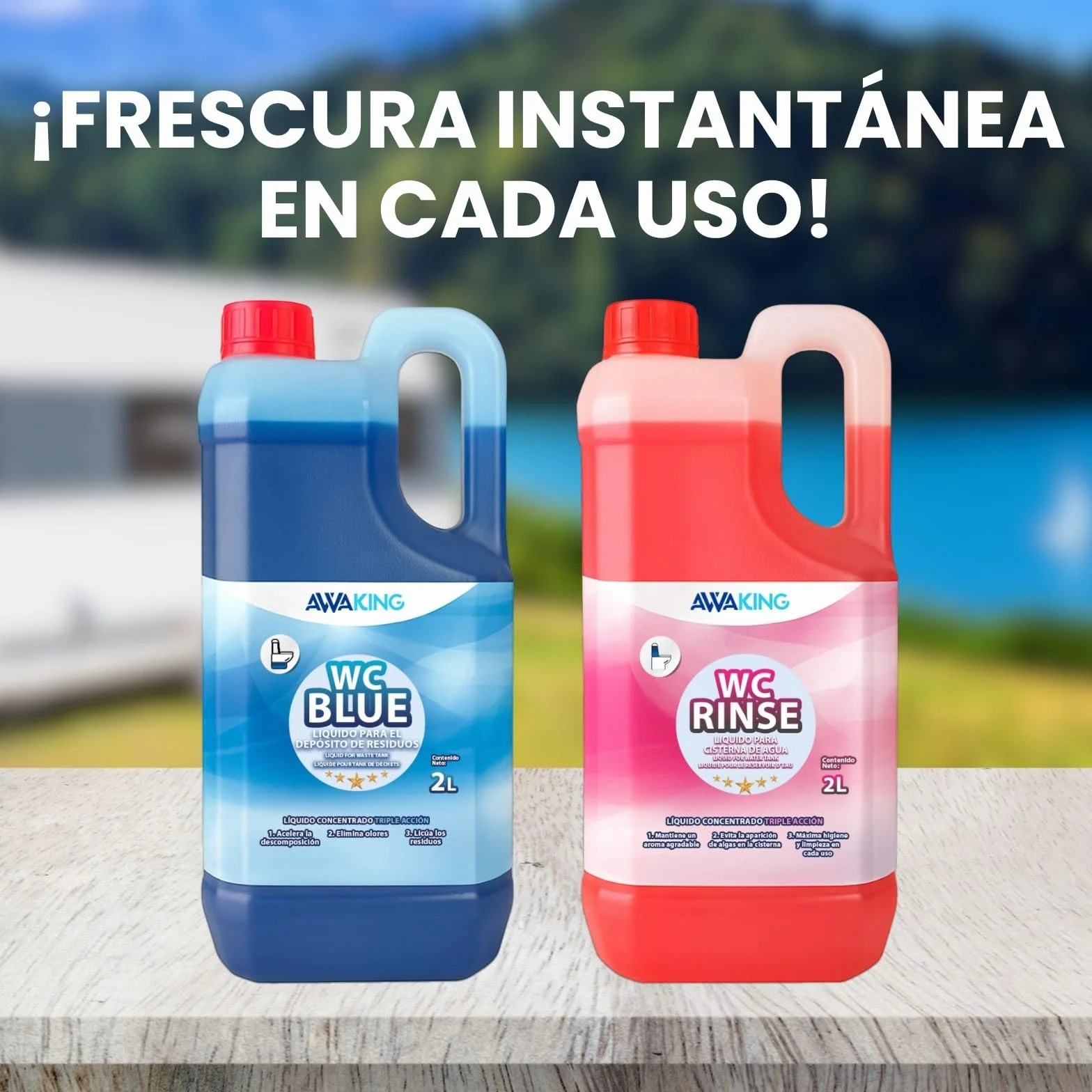PLANTAWA Líquido Químico Blue 2L + Rinse 2L | liquido wc quimico caravana y wc portatil | liquido autocaravana wc con acción desodorizante | Fácil de usar y transportar