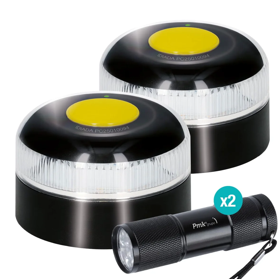 PMK GRUPO | Baliza V16 Conectada Homologada 2026 | Datos incluidos (hasta 12/2038) | Luz Emergencia LED 360º 1 km | Geolocalización GPS + SIM incluida | Conexión a DGT (Pack 2 balizas + 2 linternas)