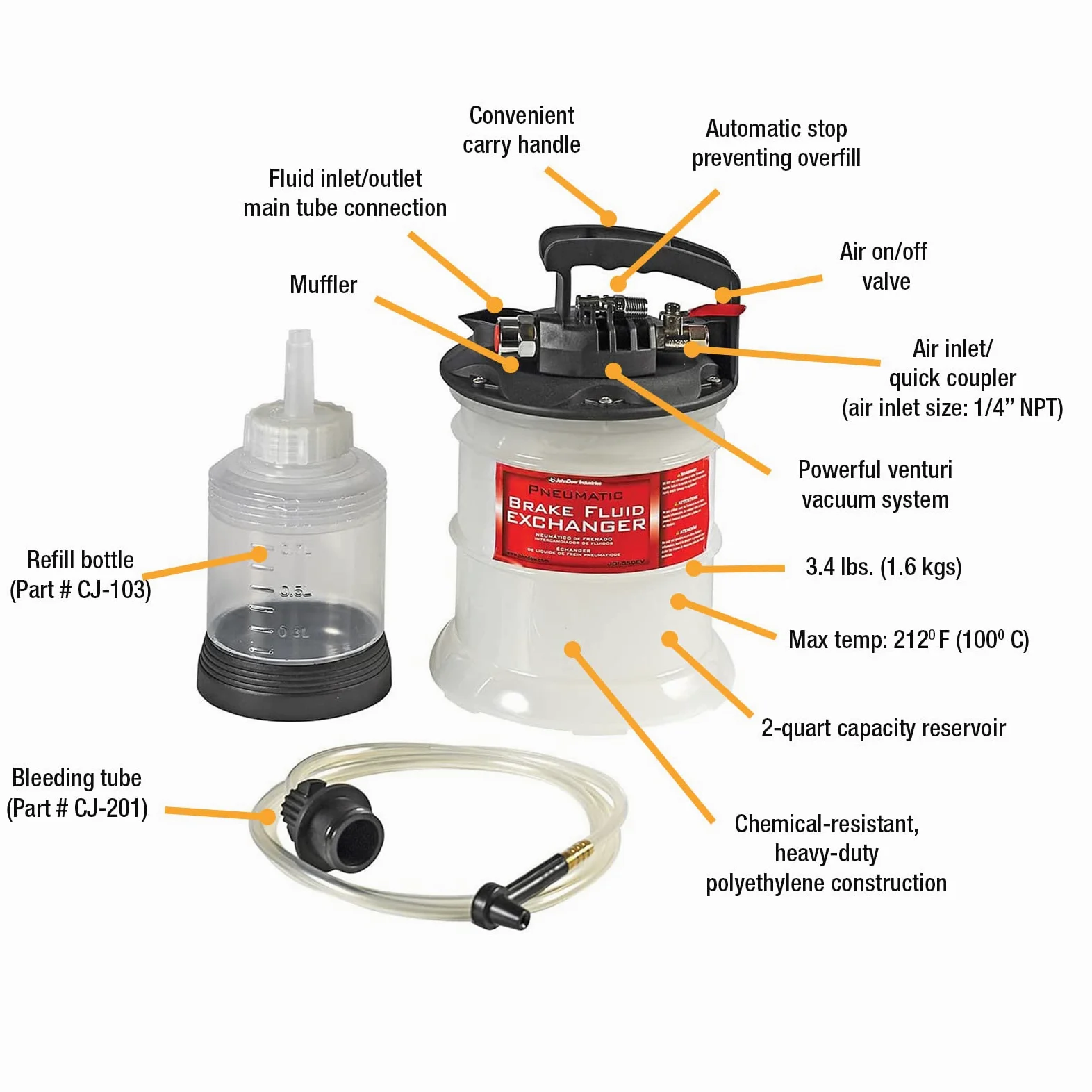 JohnDow Industries JDI-050EV - Purgador de líquido de frenos neumático operado por aire, capacidad de 0.5 galones con botella de repuesto de líquido incluida, color blanco