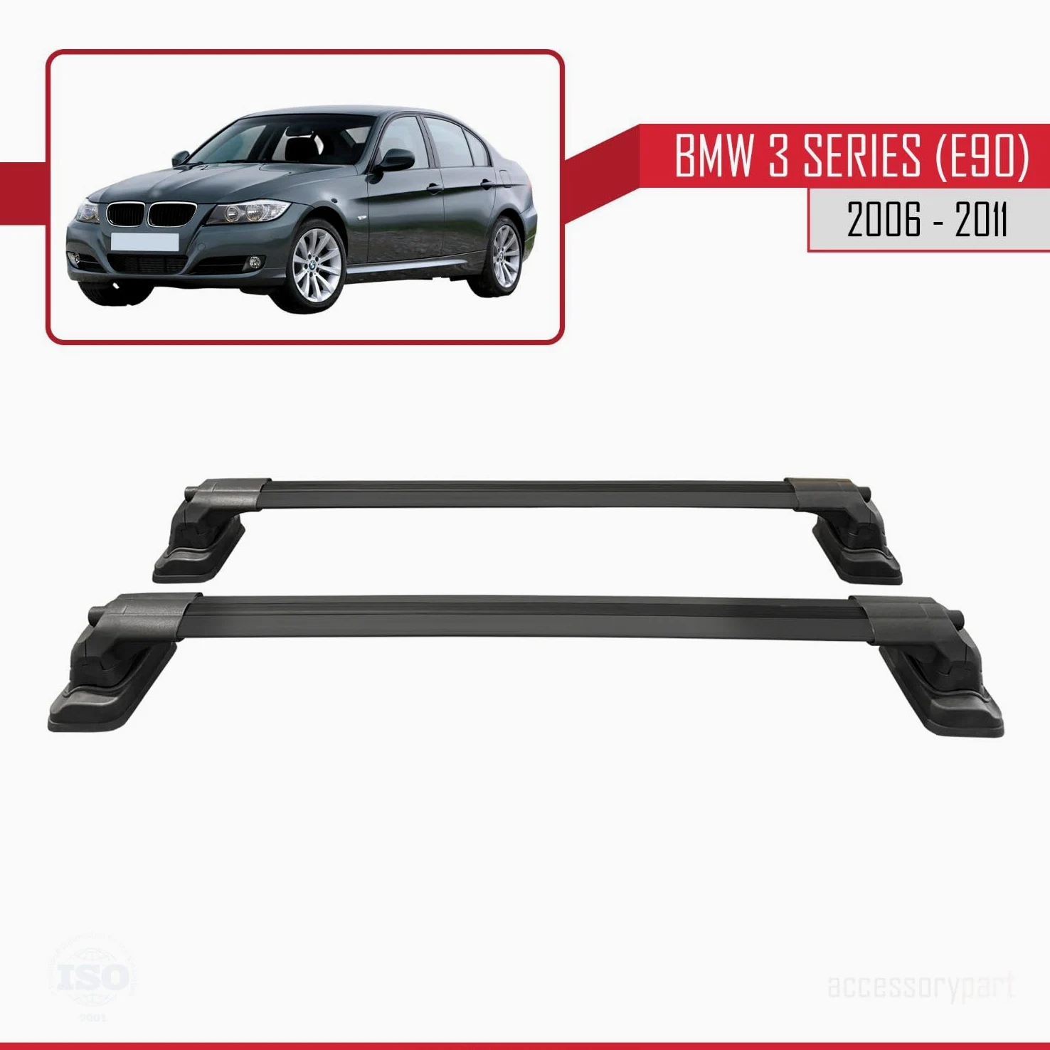 Compatible con BMW Serie 3 (E90) 2005-2012 Modelo Ace-3 Barra de Techo Auto Portaequipajes Barras Transversales Negro Aluminio 2 Barras