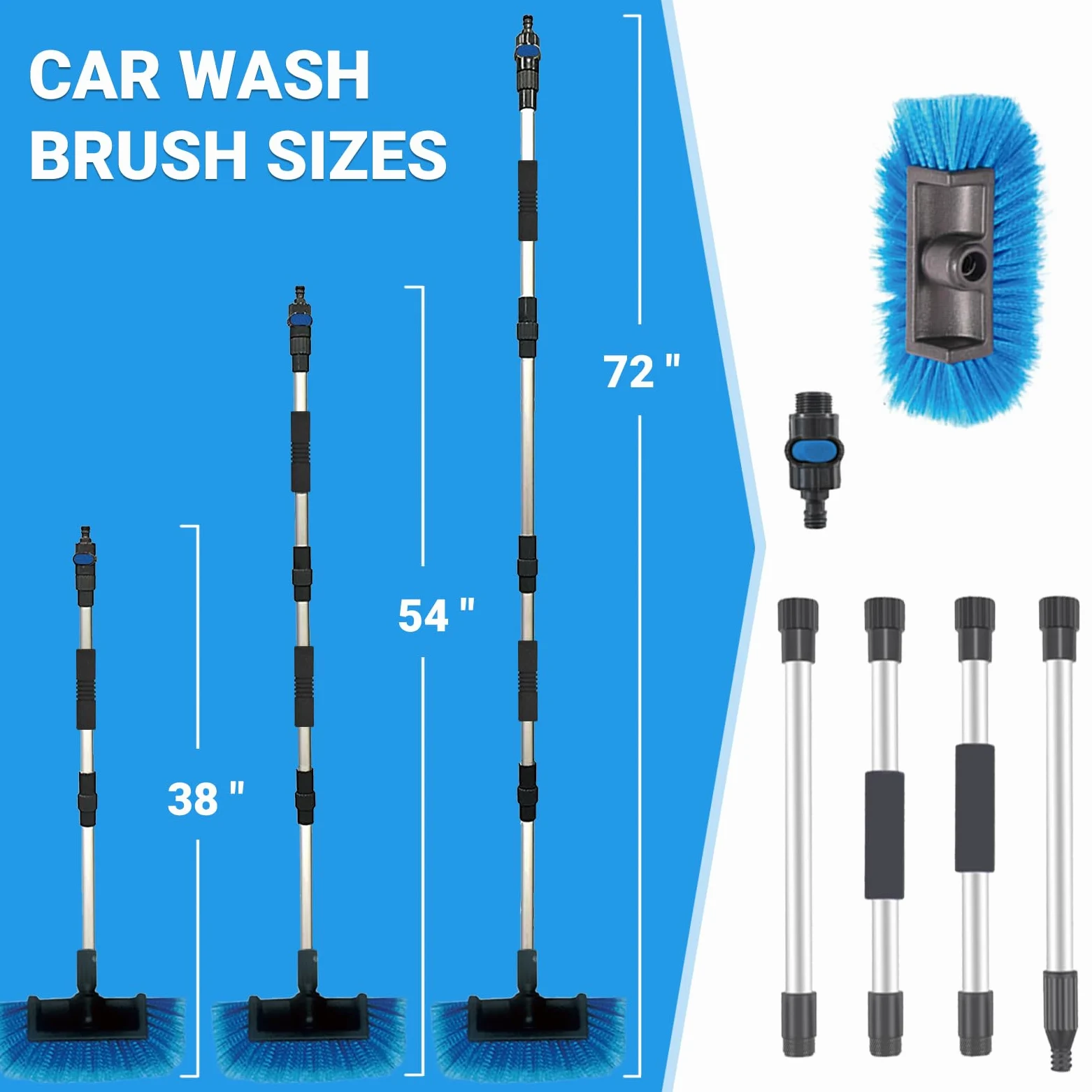 Cepillo de lavado de coche de 70 pulgadas con mango largo, interruptor de encendido/apagado para coche, caravana, camión, barco, kit de limpieza completo con fregona de lavado de coche,