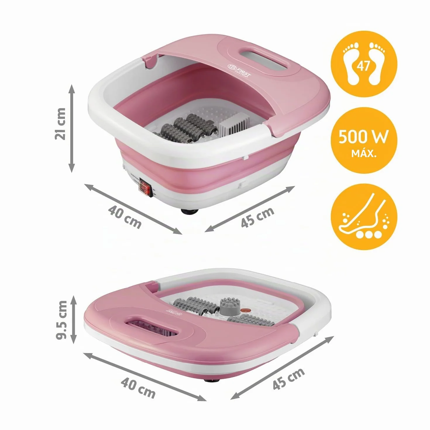 TZS First Austria Hidromasajeador plantar plegable 450W 3 accesorios 8 rodillos de masaje Pediluvio eléctrico vibración burbujas infrarrojos calefacción