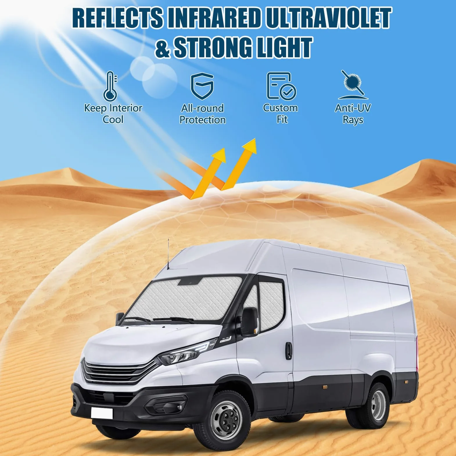 Parasol para Parabrisas Reemplazo para Iveco Daily 2014-2026, 3 Piezas Protector de Parabrisas, Juego de Parasol Térmico Interno con Bolsa de Almacenamiento, 100% Oclusión | Juego de 5 piezas de protección para parabrisas de oscurecimiento, persianas térm