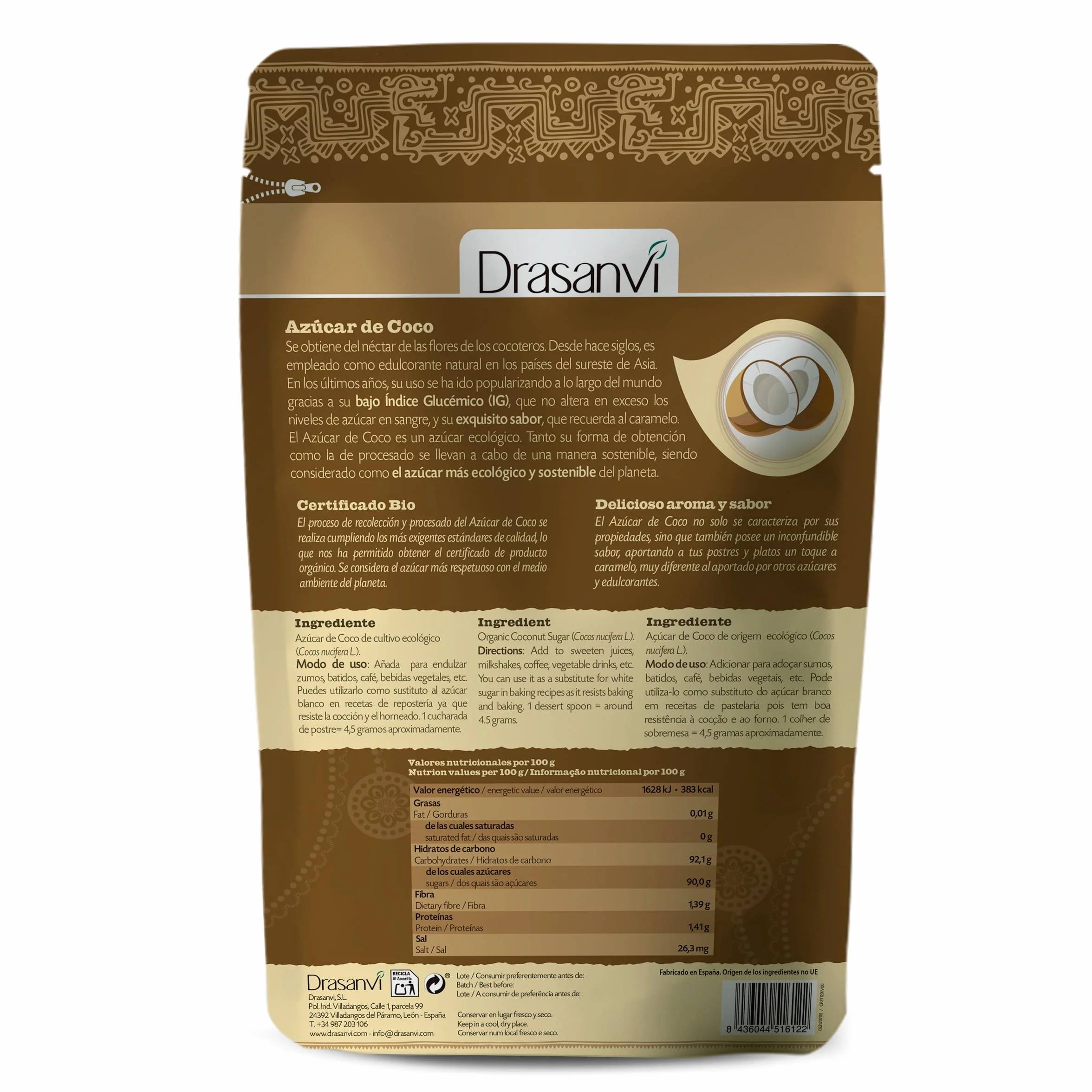 DRASANVI SUPERALIMENTO AZÚCAR DE COCO CERTIFICADO BIO - Bajo Índice Glucémico - 300g
