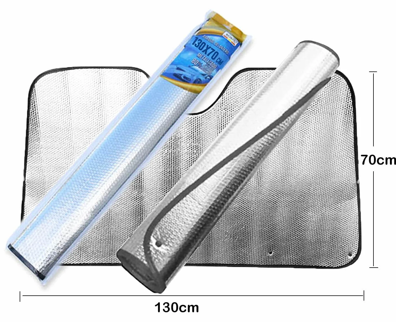 Parasol Coche Delantero，Parasol Luna de Coche Metalizado Cortina Reflectante para Vehículo Protección Rayos UV Parabrisas, Protector Solar Camionetas, Todoterrenos, Furgonetas (130x70cm)