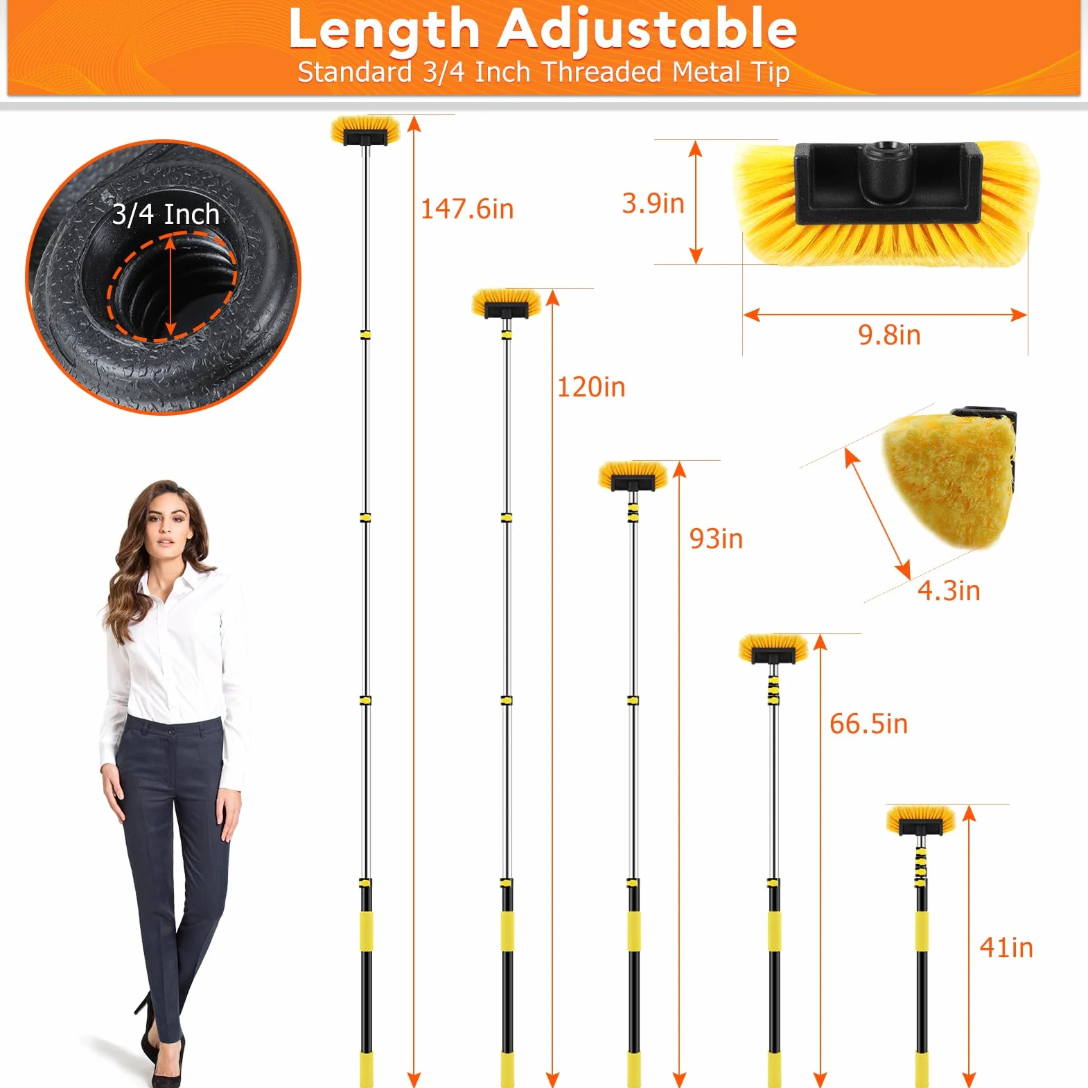 Cepillo de lavado de coche de 12 pies, cepillo de lavado de coche resistente con mango largo, poste de extensión multiusos de 3 a 12 pies con cepillo de cerdas ultra suaves de 10 pulgadas para