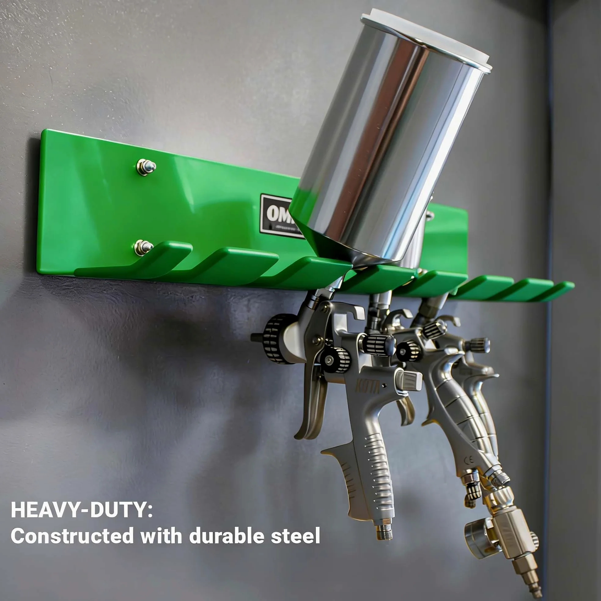 LAUCO Omni Tool - Soporte para pistola de pintura múltiple, soporte para pistola de pintura, capacidad para 7 pistolas sin tazas o 4 pistolas con tazas, diseño estable y sin arañazos (verde, 1 unidad)