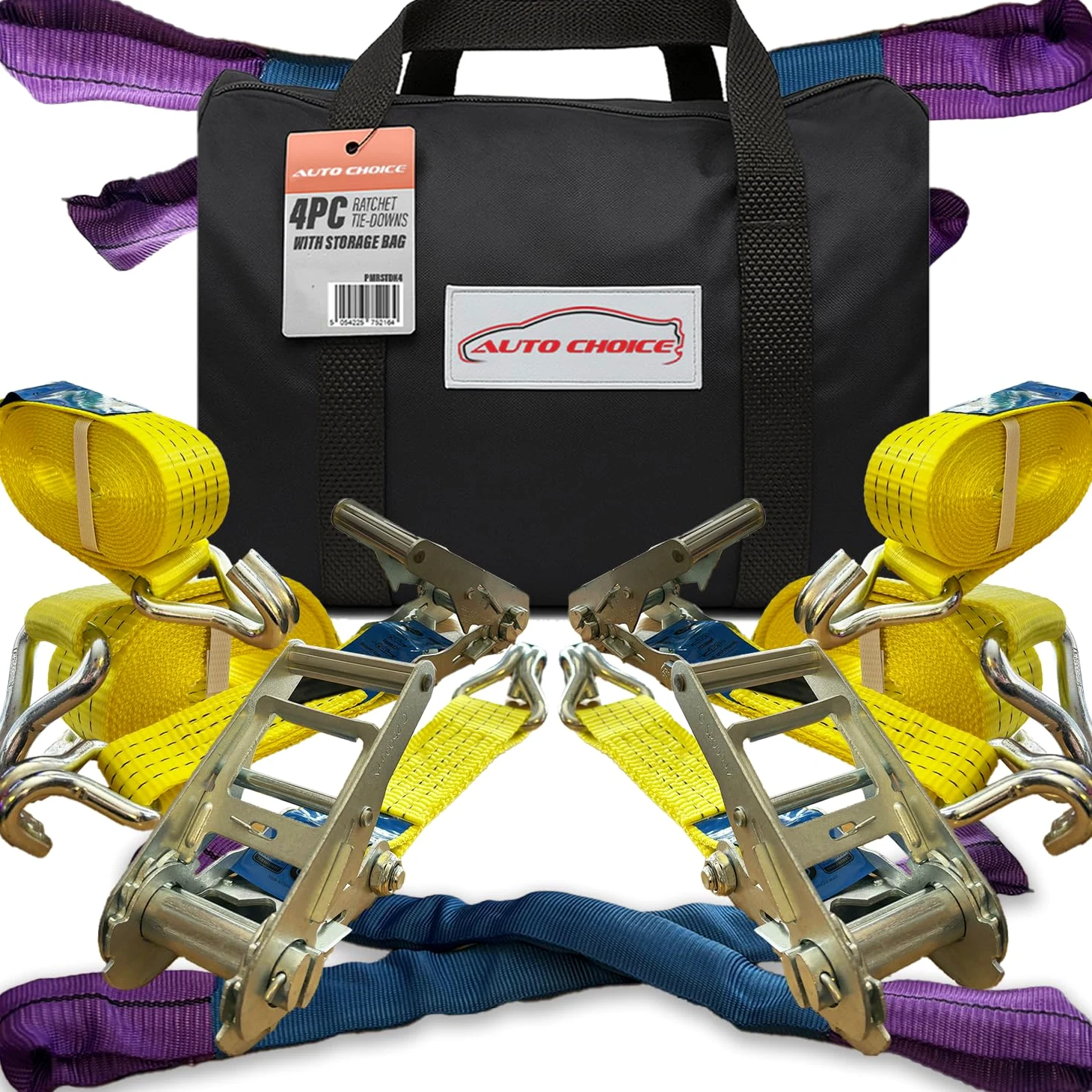 Xtremeauto BS EN121 - Juego de 4 correas de rueda de transporte de coche – Juego de tensores de amarre de trinquete de 50 mm con ganchos de garra – Correas amarillas de 3 partes con desviador suave