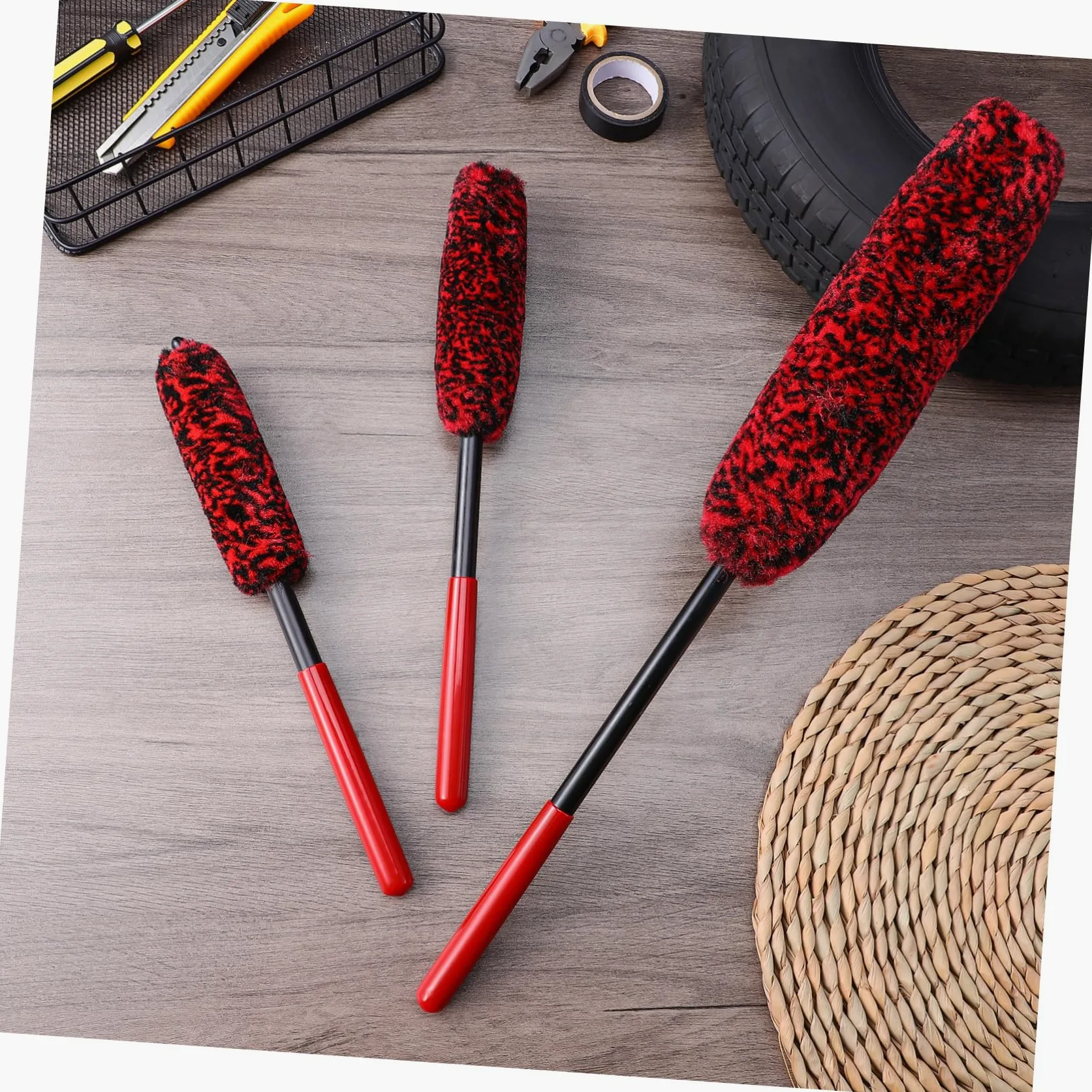 Cabilock 3 Series Cepillo De Limpieza De Neumáticos Depurador De Llantas Fuerza Fregar Lavar Limpiador Auto Detallado Cepillo De Rueda Chico Herramientas De Limpieza Rojo Lana 3 Piezas*3