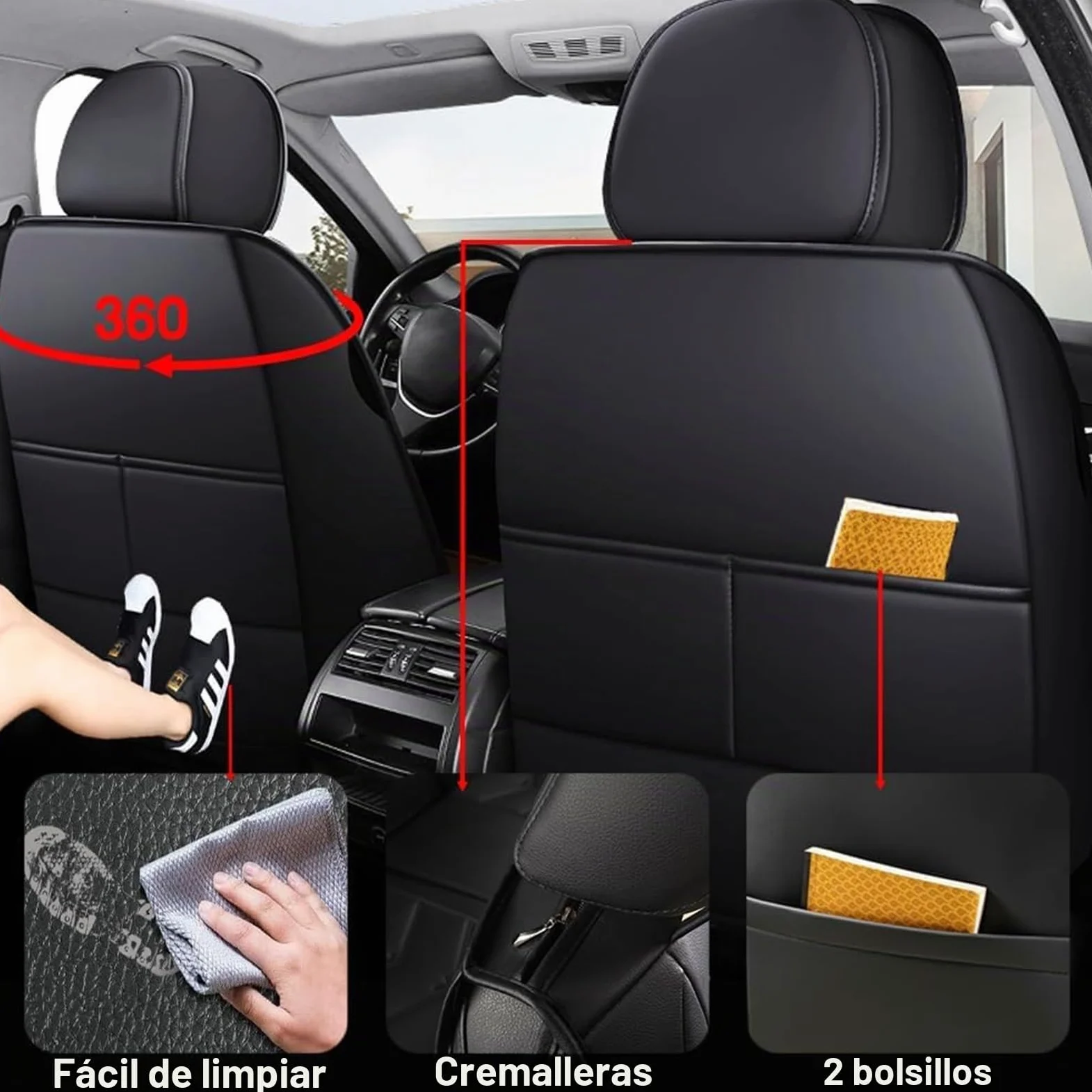 Fundas de asiento de coche de piel sintética impermeables para Volkswagen (2 unidades), color negro
