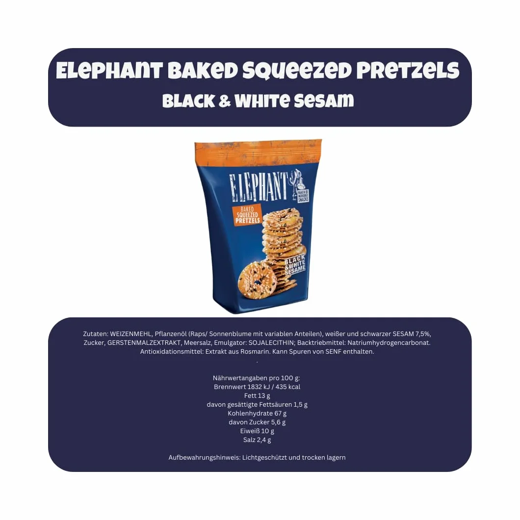 Pretzels Elephant Baked Squeezed Pretzels con sésamo blanco y negro, 3 x 180 g, crujientes aperitivo