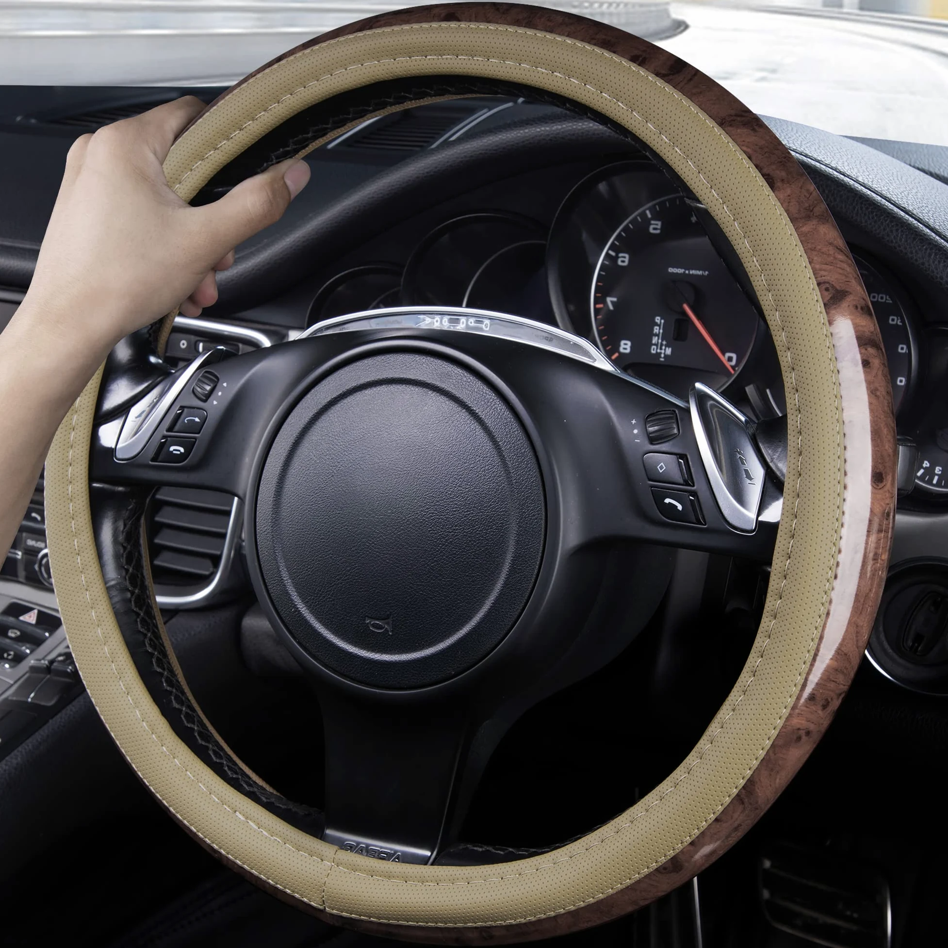 CAR PASS Fundas de Volante de Cuero de Grano de Madera de Ajuste Universal para SUV, Camiones, sedanes, diseño Antideslizante (Beige)