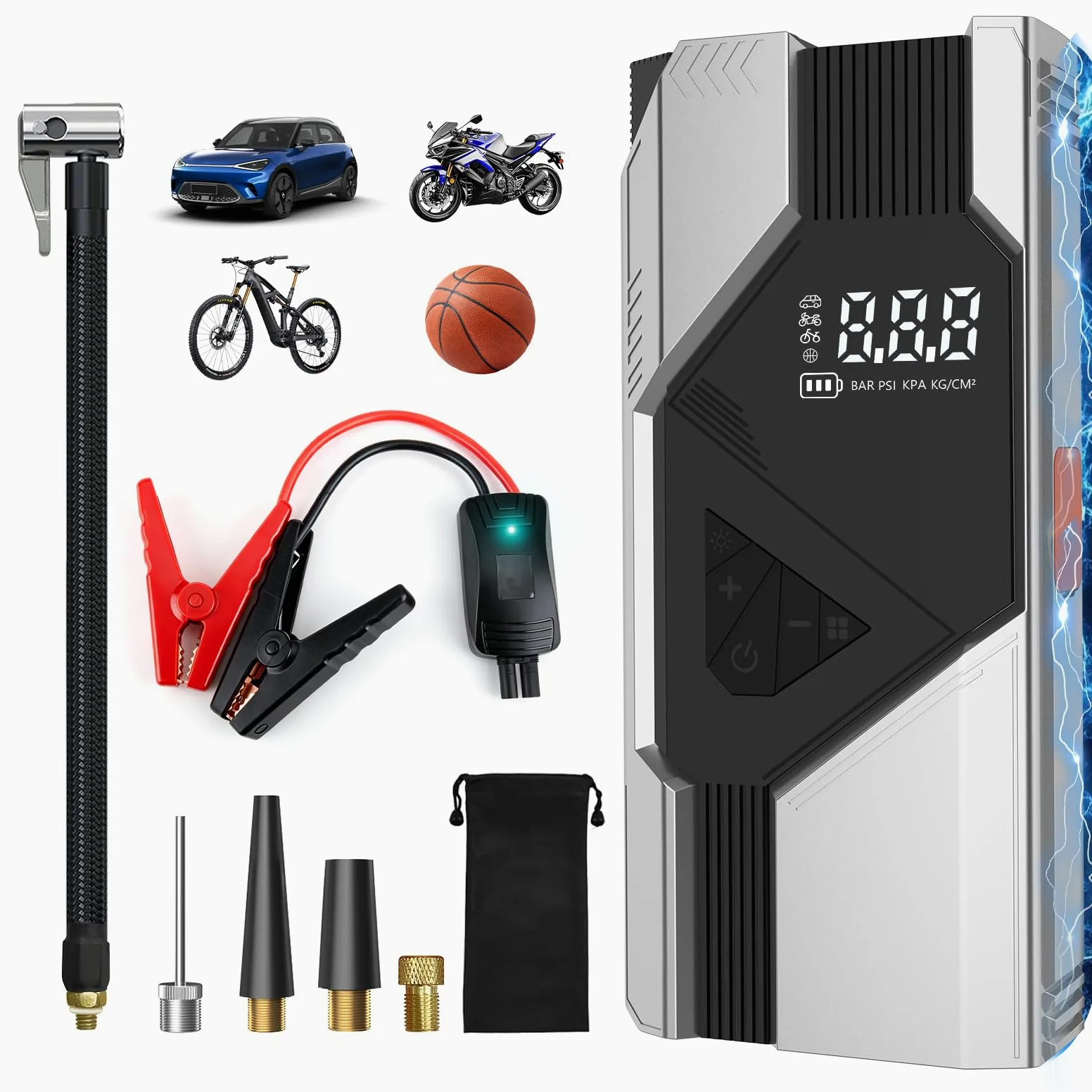 Junsun 10000mAh Compresor de Aire 150 PSI con Arrancador de Batería 12V y Power Bank 18W, Inflador Portátil para Coche Gasolina y Diésel, Arranque de Emergencia, Pantalla LCD, Carga Rápida y Luz LED