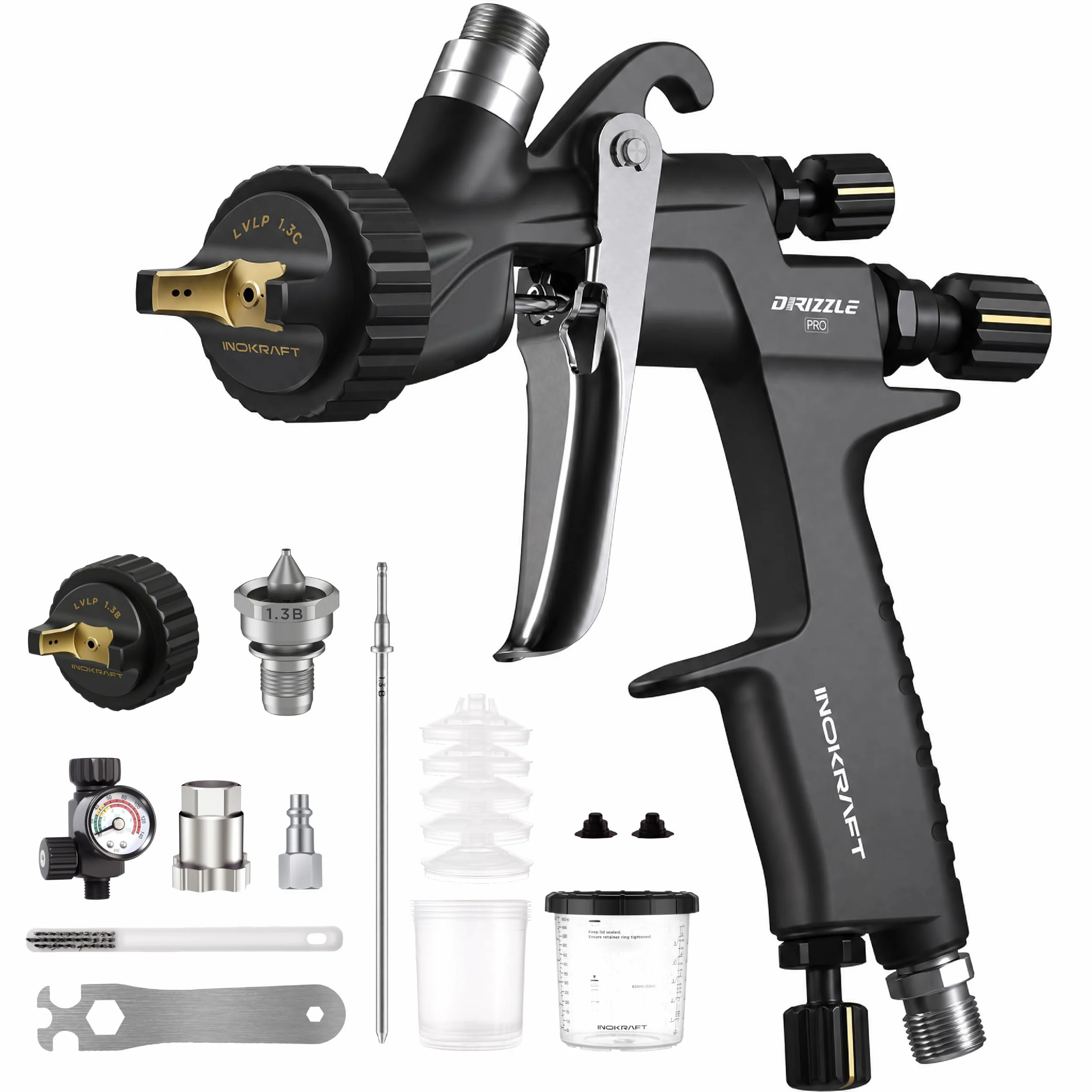 InoKraft Drizzle Pro LVLP - Pistola de pulverización precisa y Profesional, diseño de bajo Exceso de pulverización, Ultraligera de 340 g, Kit de Boquilla 1.3B/1.3C con Accesorios de pulverización de