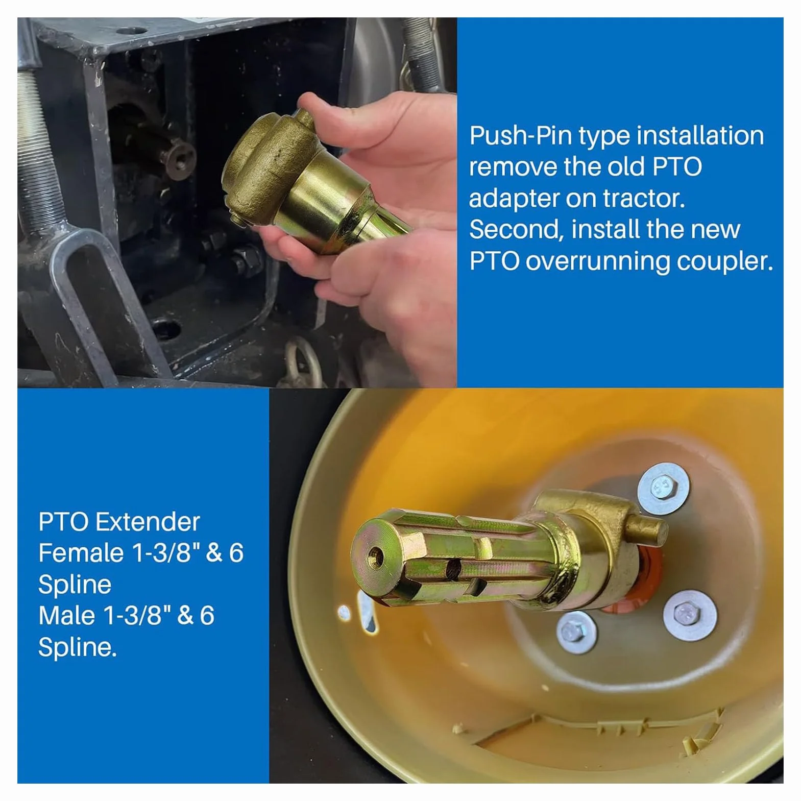 Adaptador PTO para Tractor 1 3/8 Pulgadas 6 Estrías Hembra y Macho Extensor