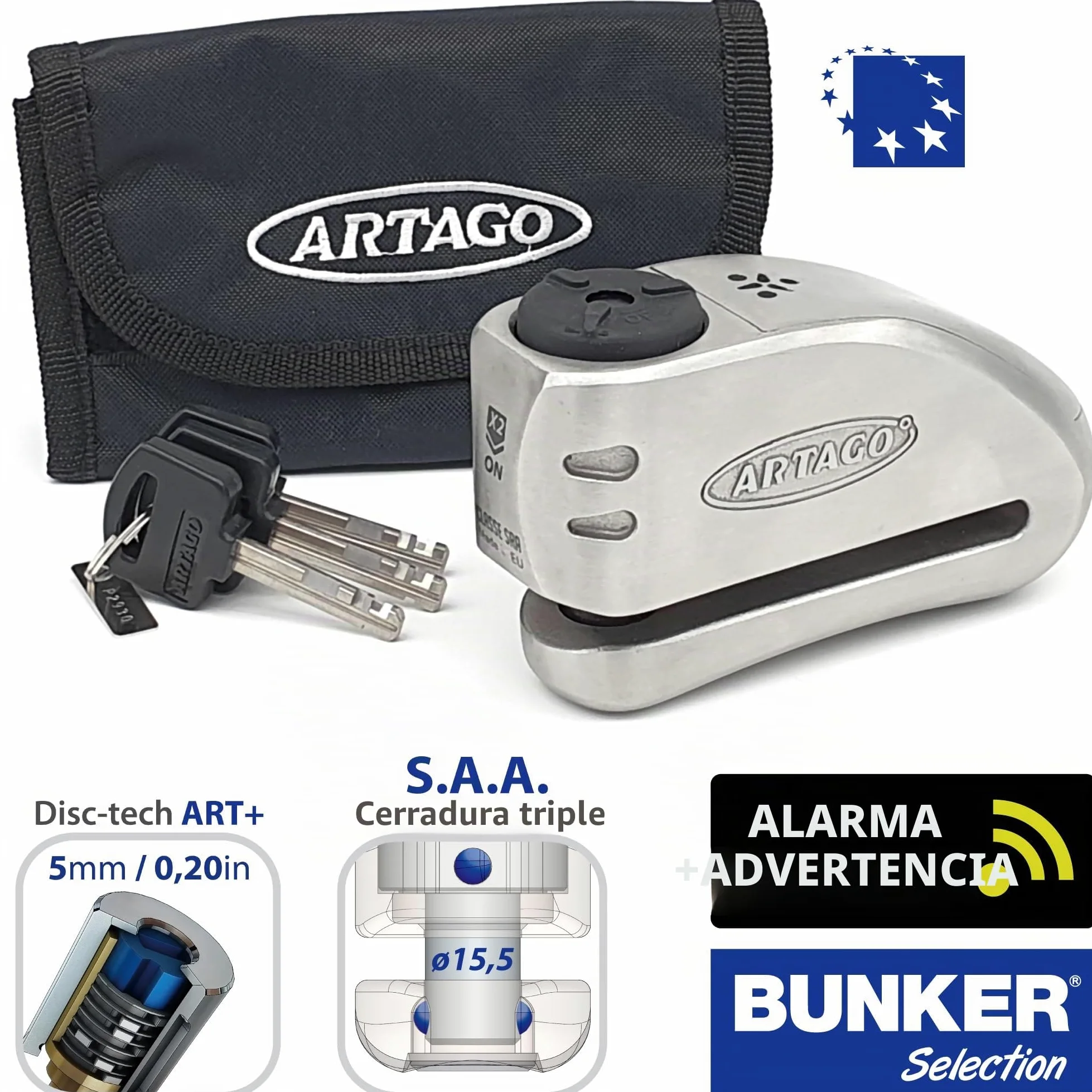 Artago 32S2 Pack Candado Antirrobo Disco con Alarma 120db Alta Seguridad + Soporte para Yamaha MT-07 y Tracer 700, Homologado Sra